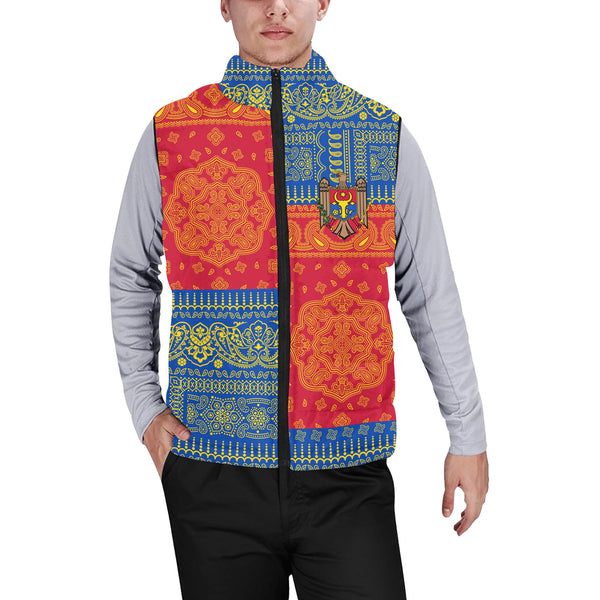 Moldova Men Padded Jacket Vest Flag And Paisley Basic Style 1