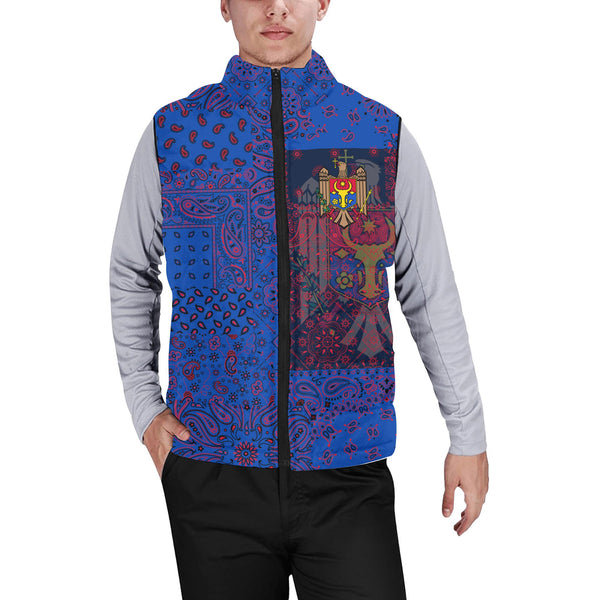 Moldova Men Padded Jacket Vest Paisley Flag And Skull Style 1