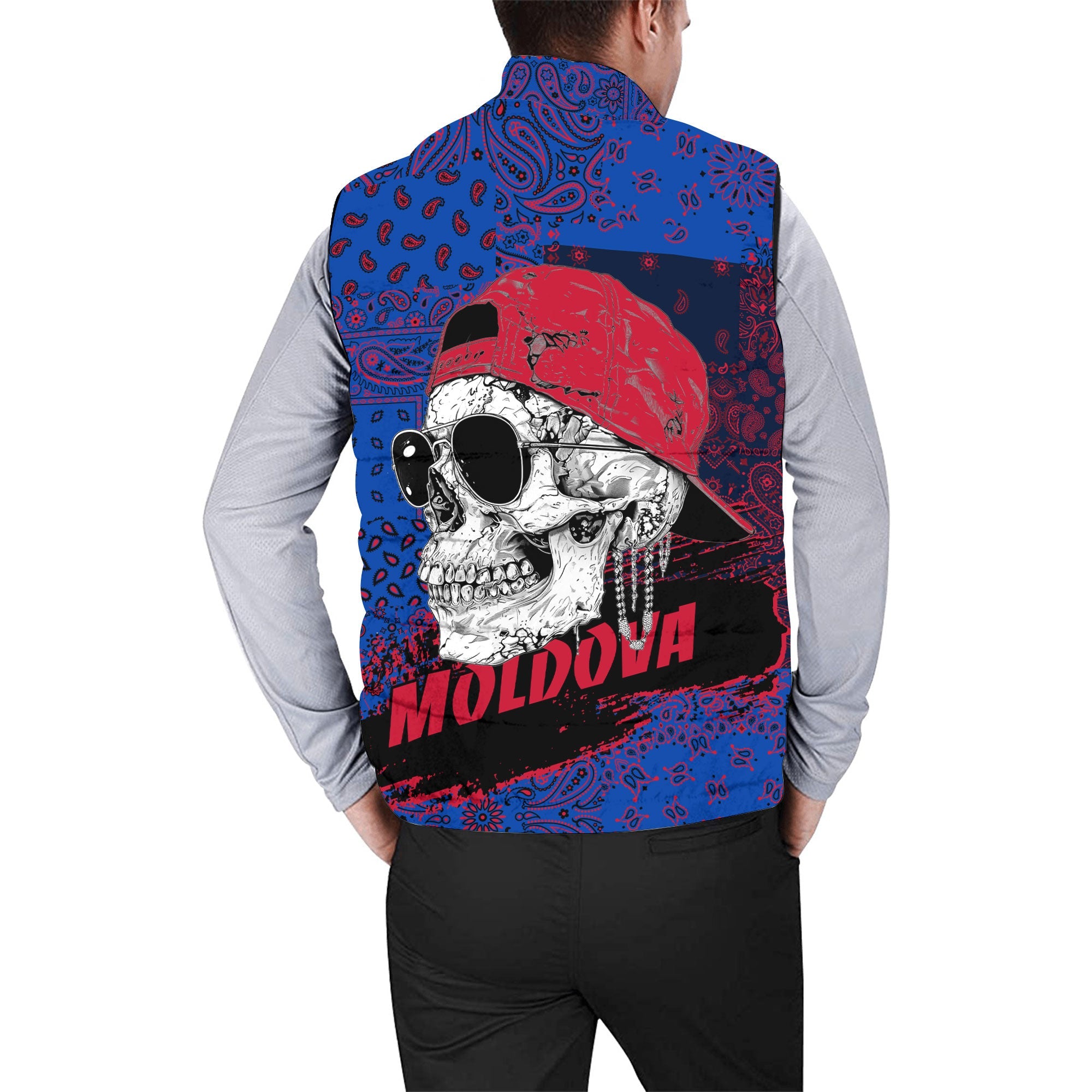 Moldova Men Padded Jacket Vest Paisley Flag And Skull Style 2