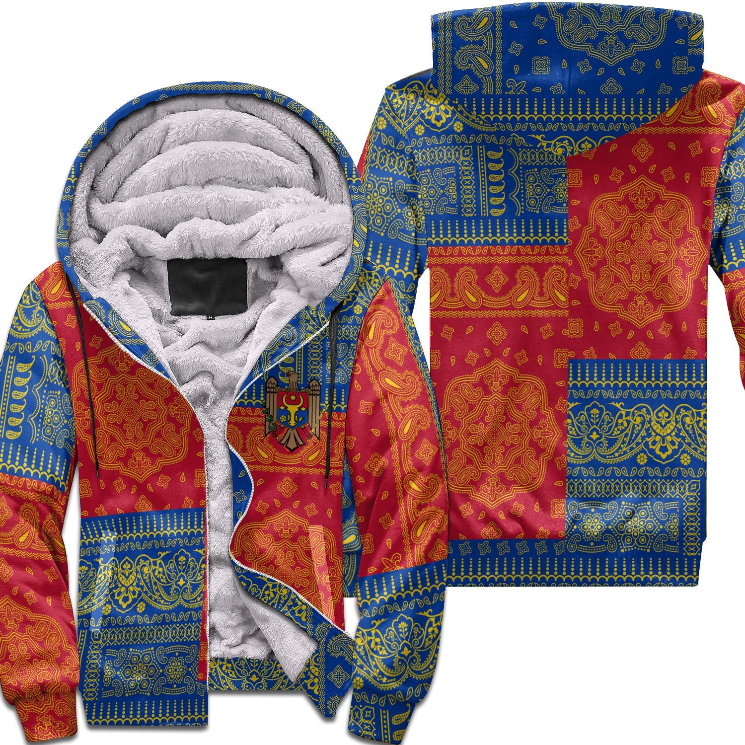 Moldova Sherpa Hoodie Flag And Paisley Basic Style 1