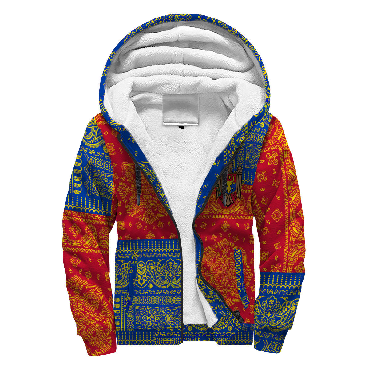 Moldova Sherpa Hoodie Flag And Paisley Basic Style 3