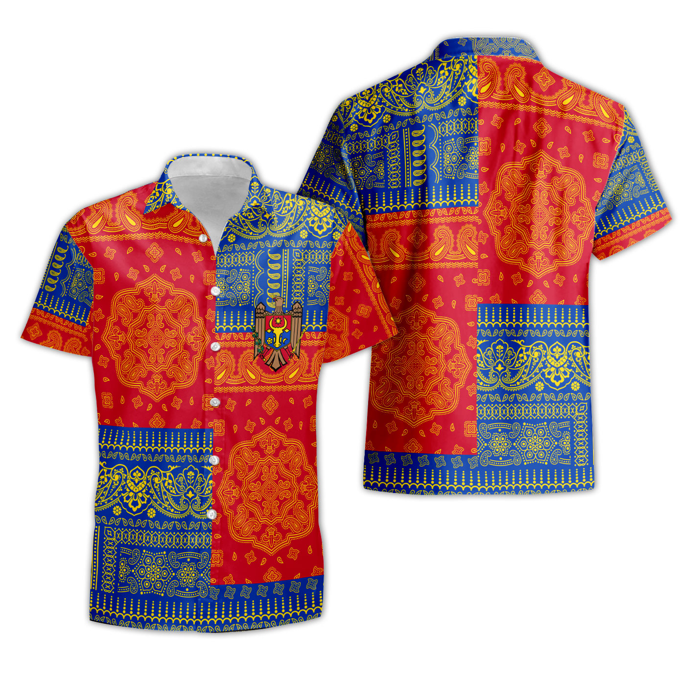 Moldova Short Sleeve Shirt Flag And Paisley Basic Style 1