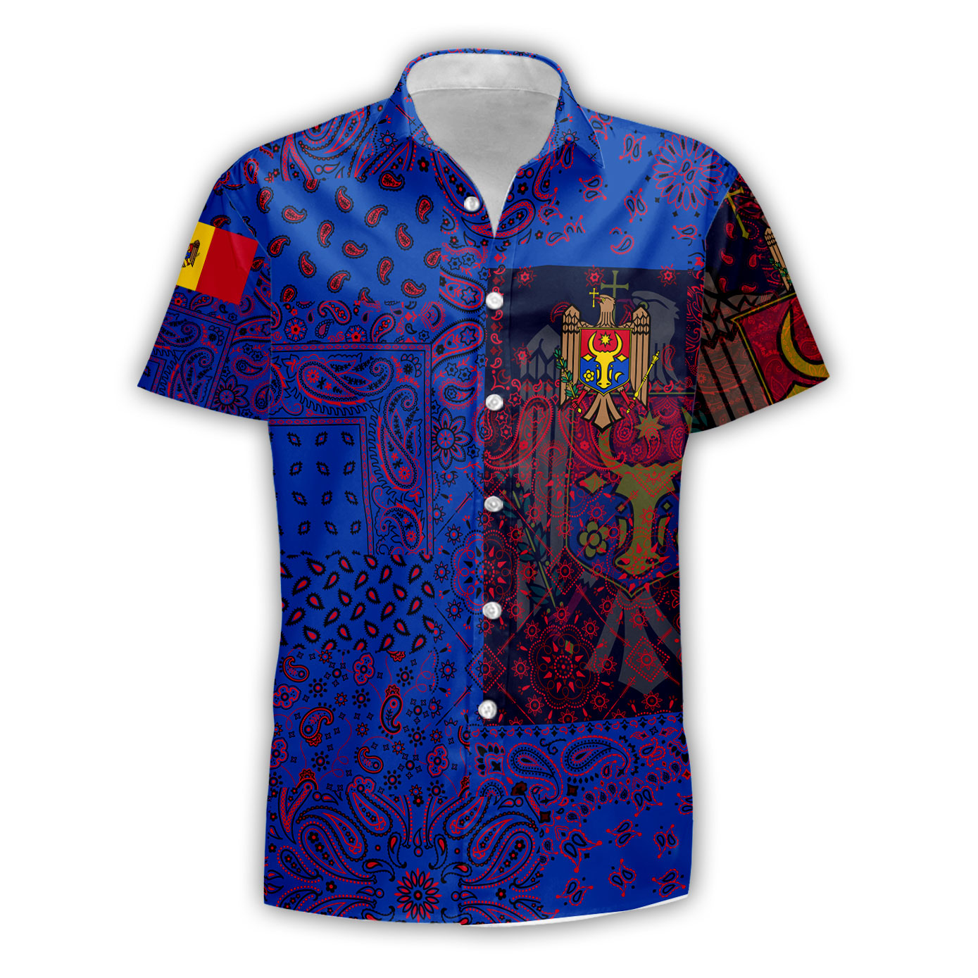 Moldova Short Sleeve Shirt Paisley Flag And Skull Style 1