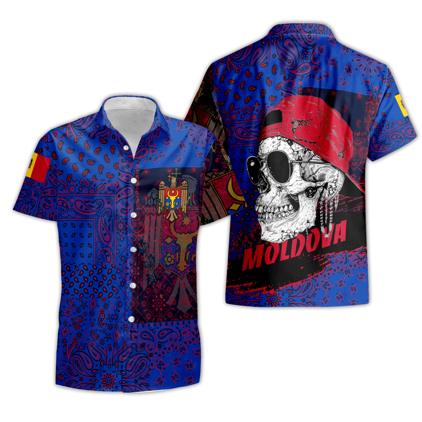 Moldova Short Sleeve Shirt Paisley Flag And Skull Style 3