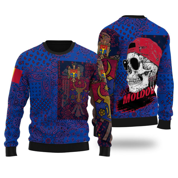 Moldova Ugly Sweater Paisley Flag And Skull Style 1