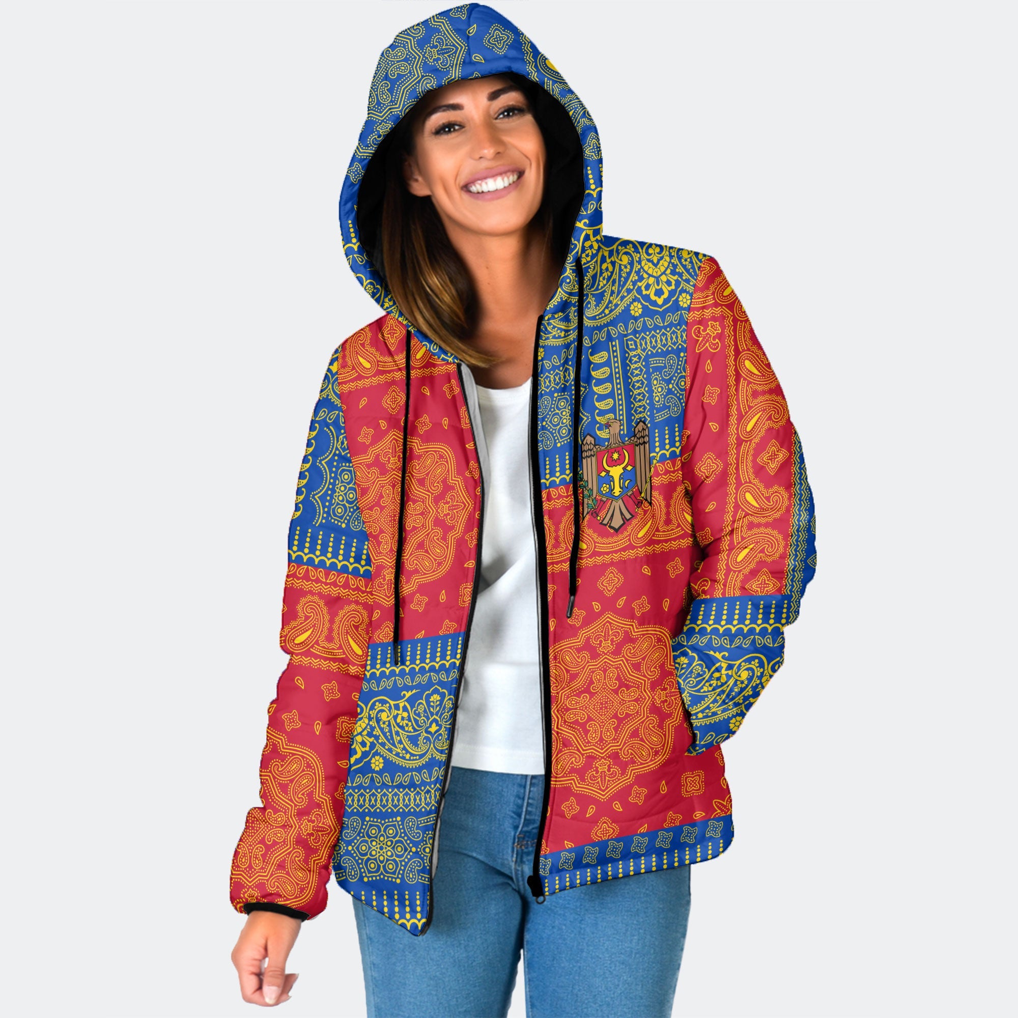 Moldova Women Hooded Padded Jacket Flag And Paisley Basic Style 1