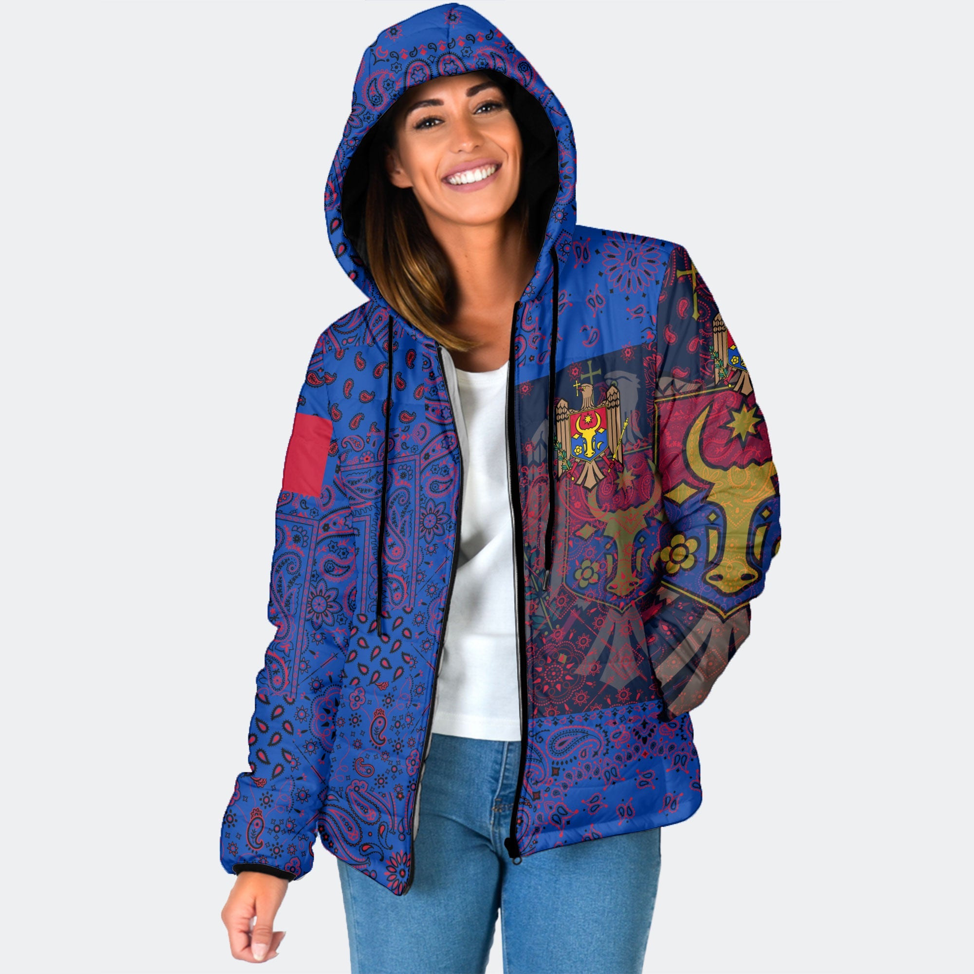 Moldova Women Hooded Padded Jacket Paisley Flag And Skull Style 1