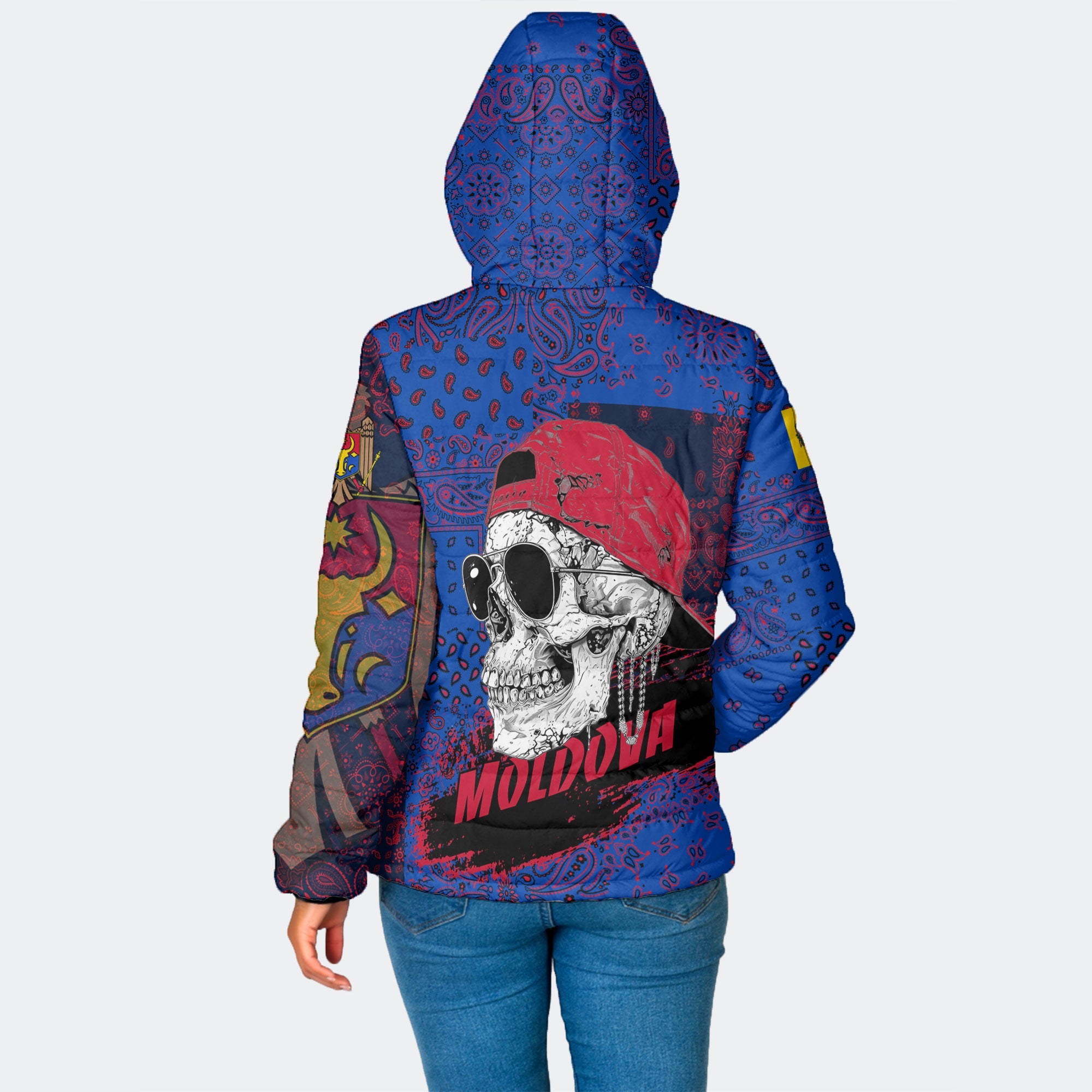 Moldova Women Hooded Padded Jacket Paisley Flag And Skull Style 2