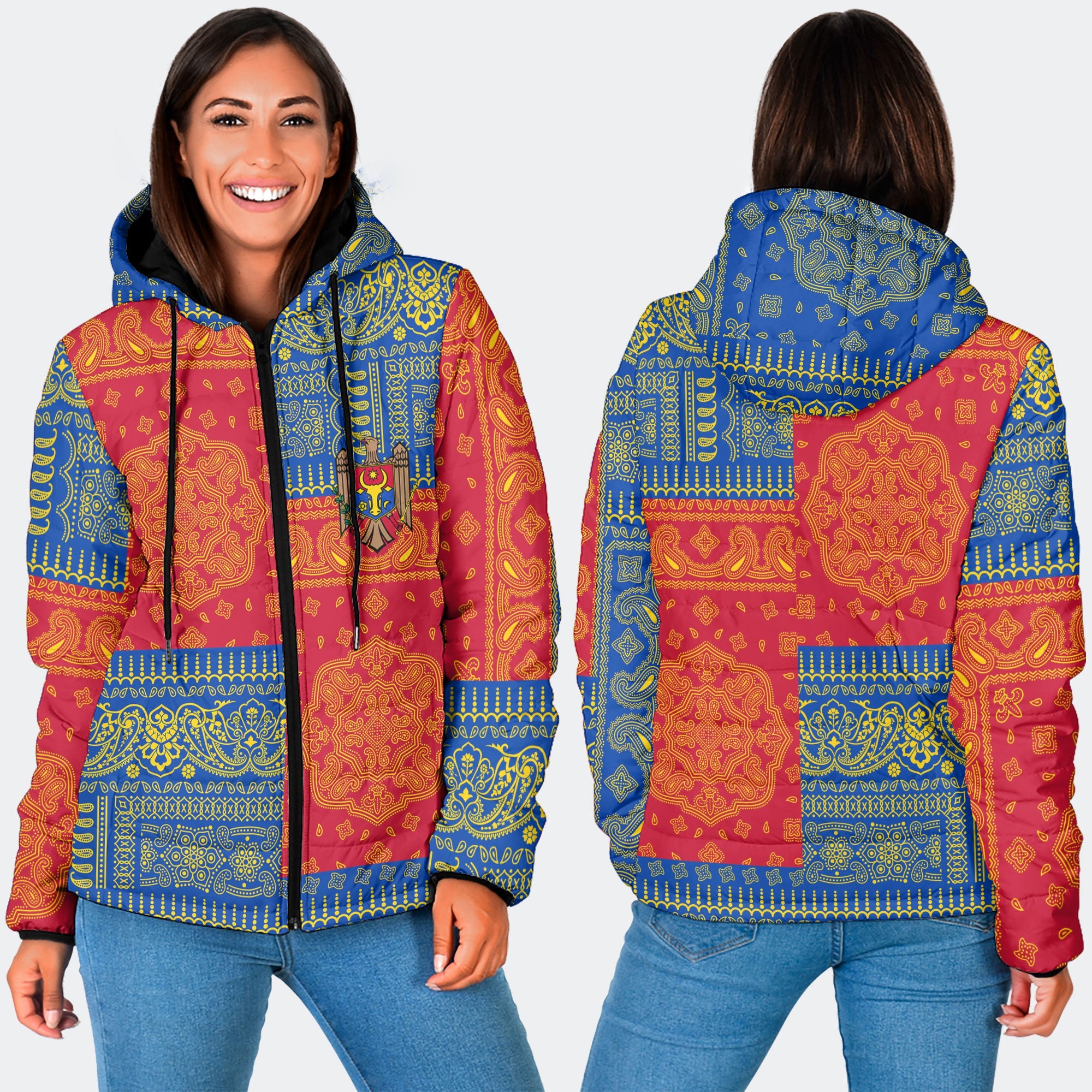 Moldova Women Hooded Padded Jacket Flag And Paisley Basic Style 3