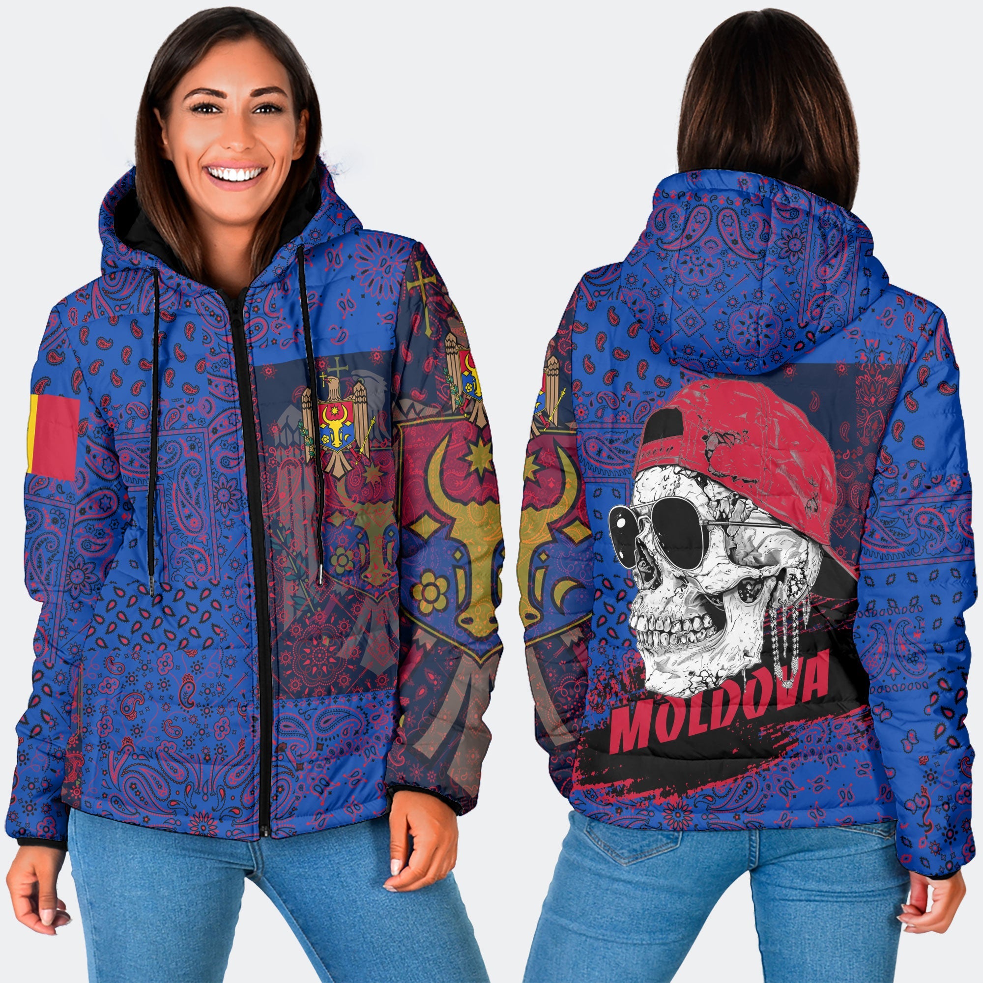 Moldova Women Hooded Padded Jacket Paisley Flag And Skull Style 3