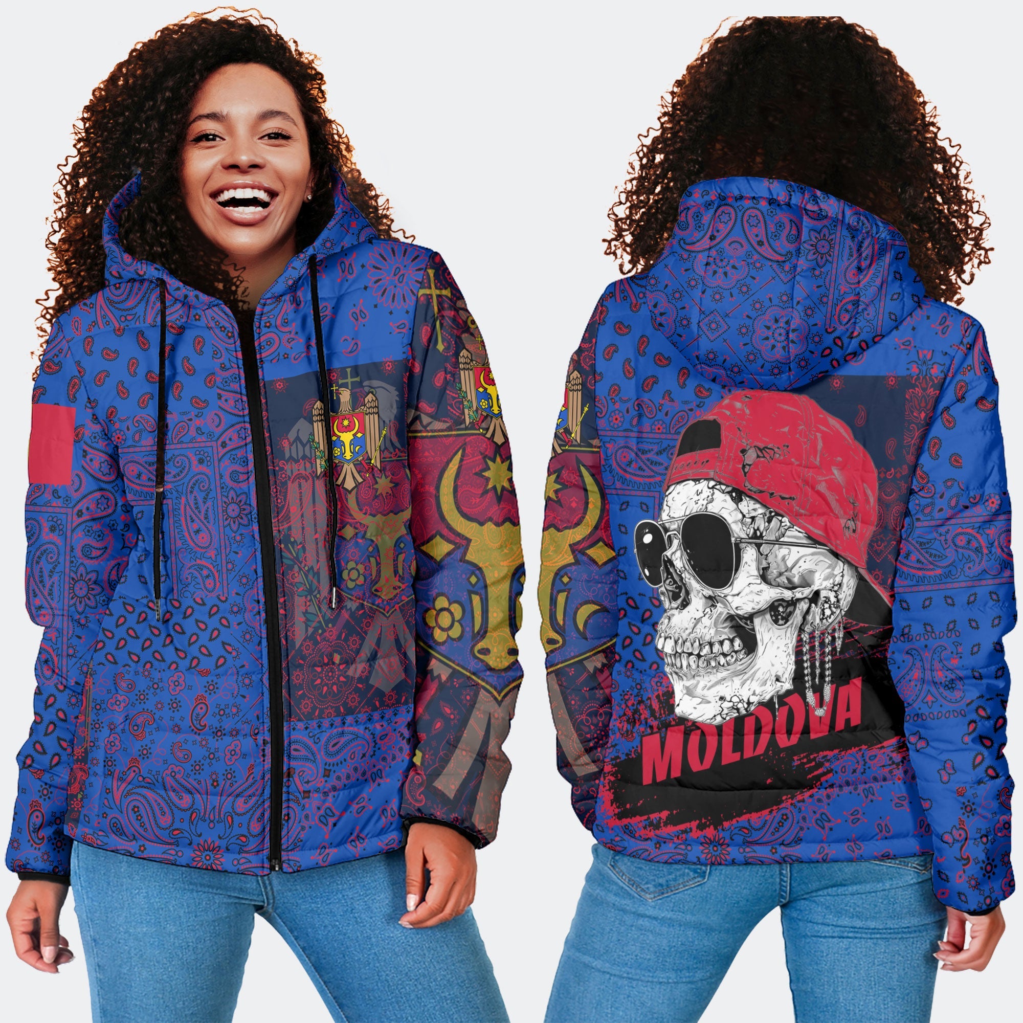 Moldova Women Hooded Padded Jacket Paisley Flag And Skull Style 4