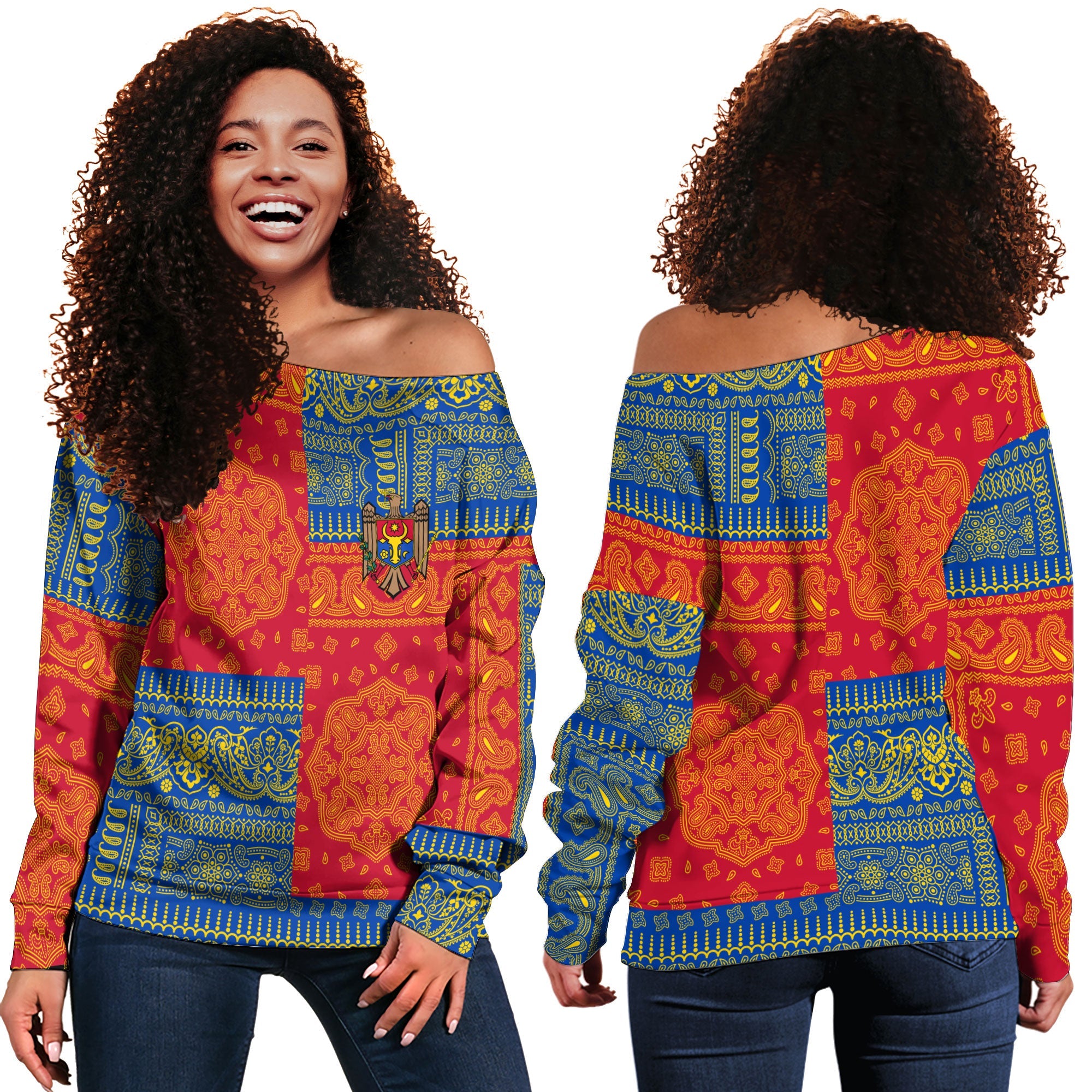 Moldova Women Off Shoulder Sweatshirt Flag And Paisley Basic Style 1