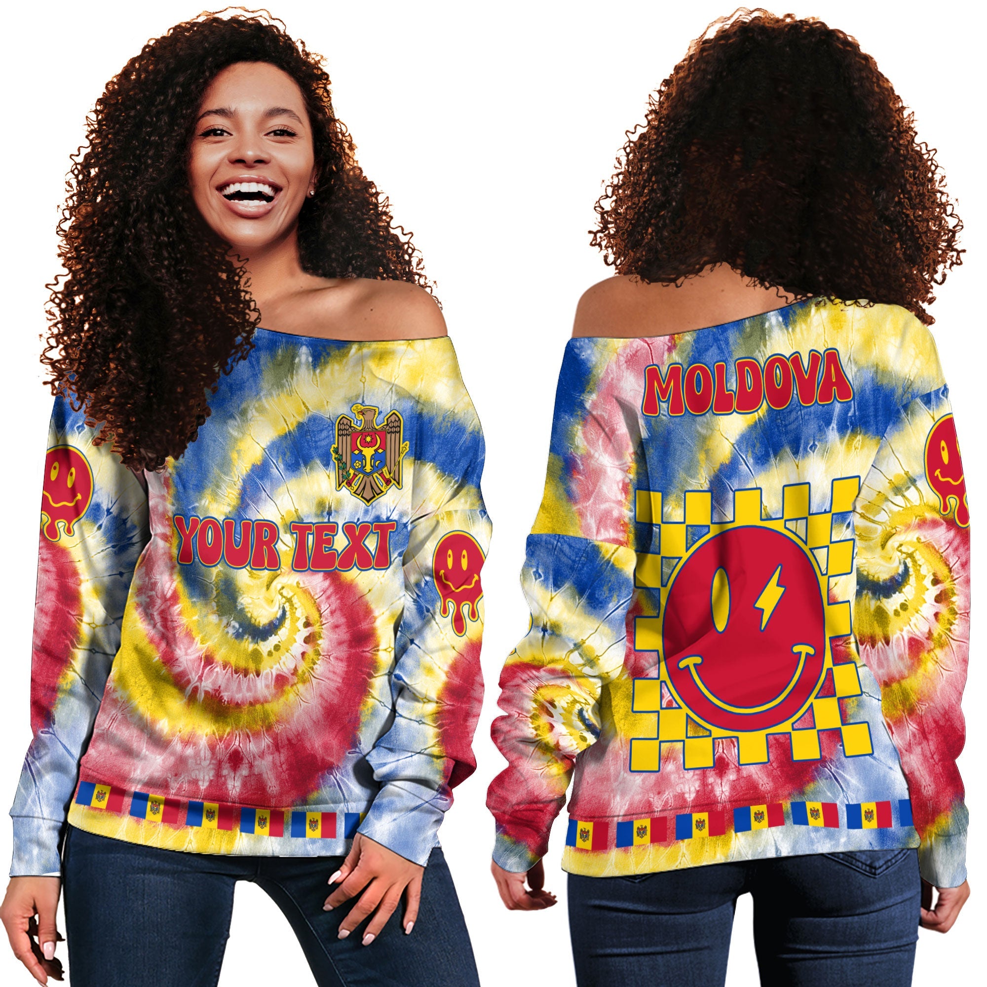 Moldova Women Off Shoulder Sweatshirt Custom Tie Dye Style 2