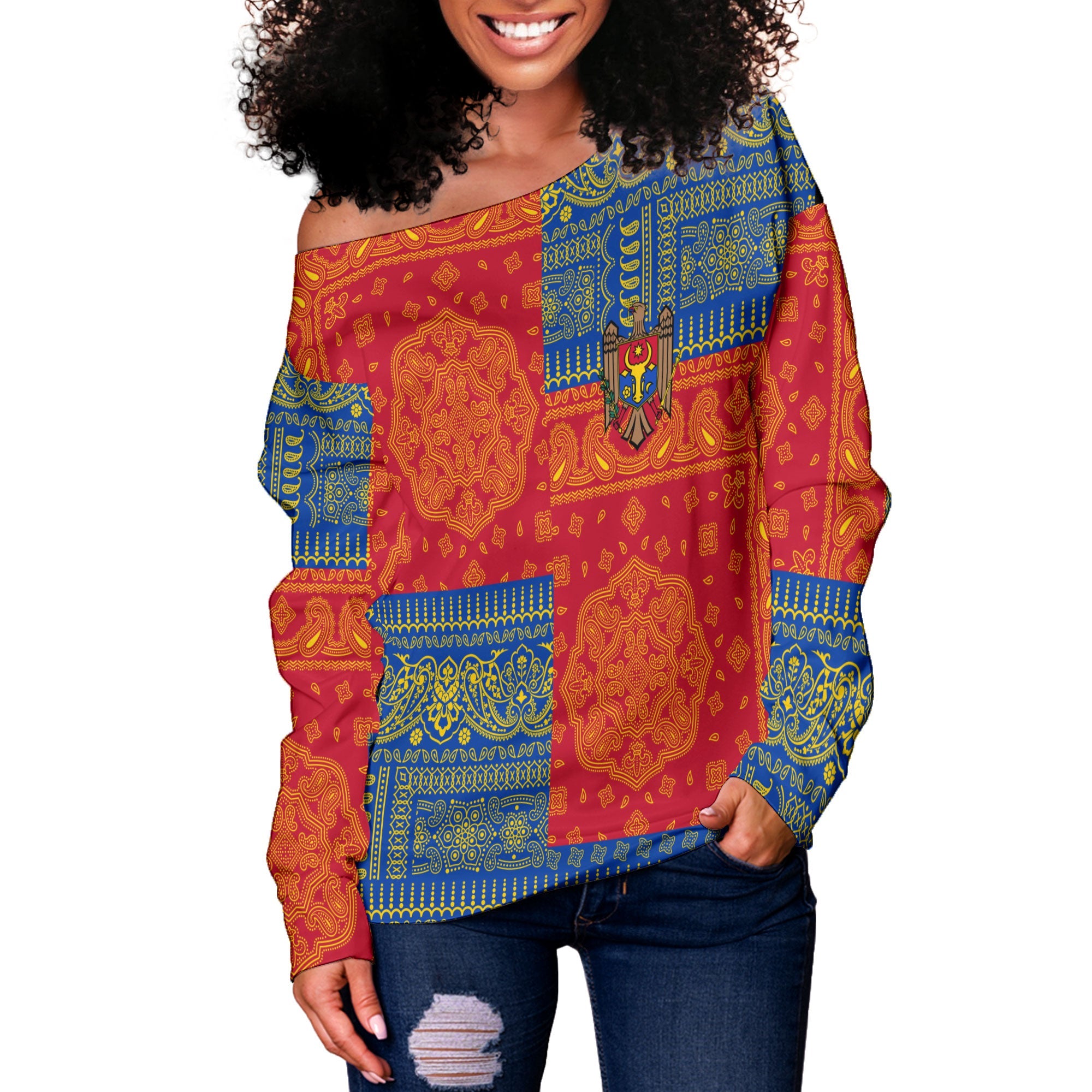 Moldova Women Off Shoulder Sweatshirt Flag And Paisley Basic Style 2