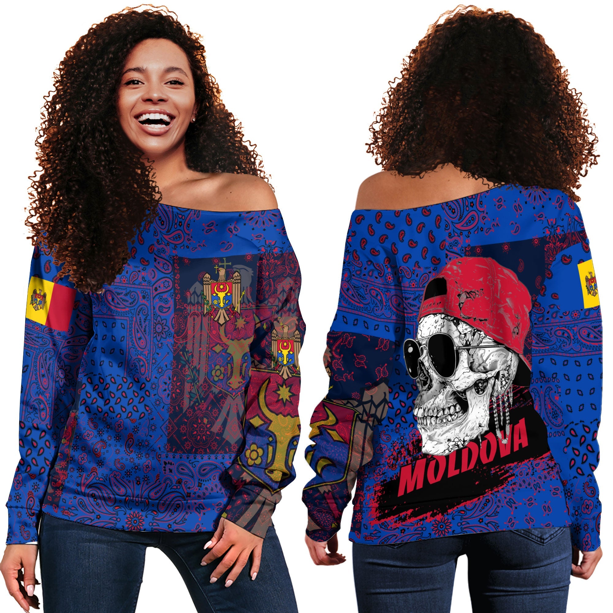 Moldova Women Off Shoulder Sweatshirt Paisley Flag And Skull Style 1