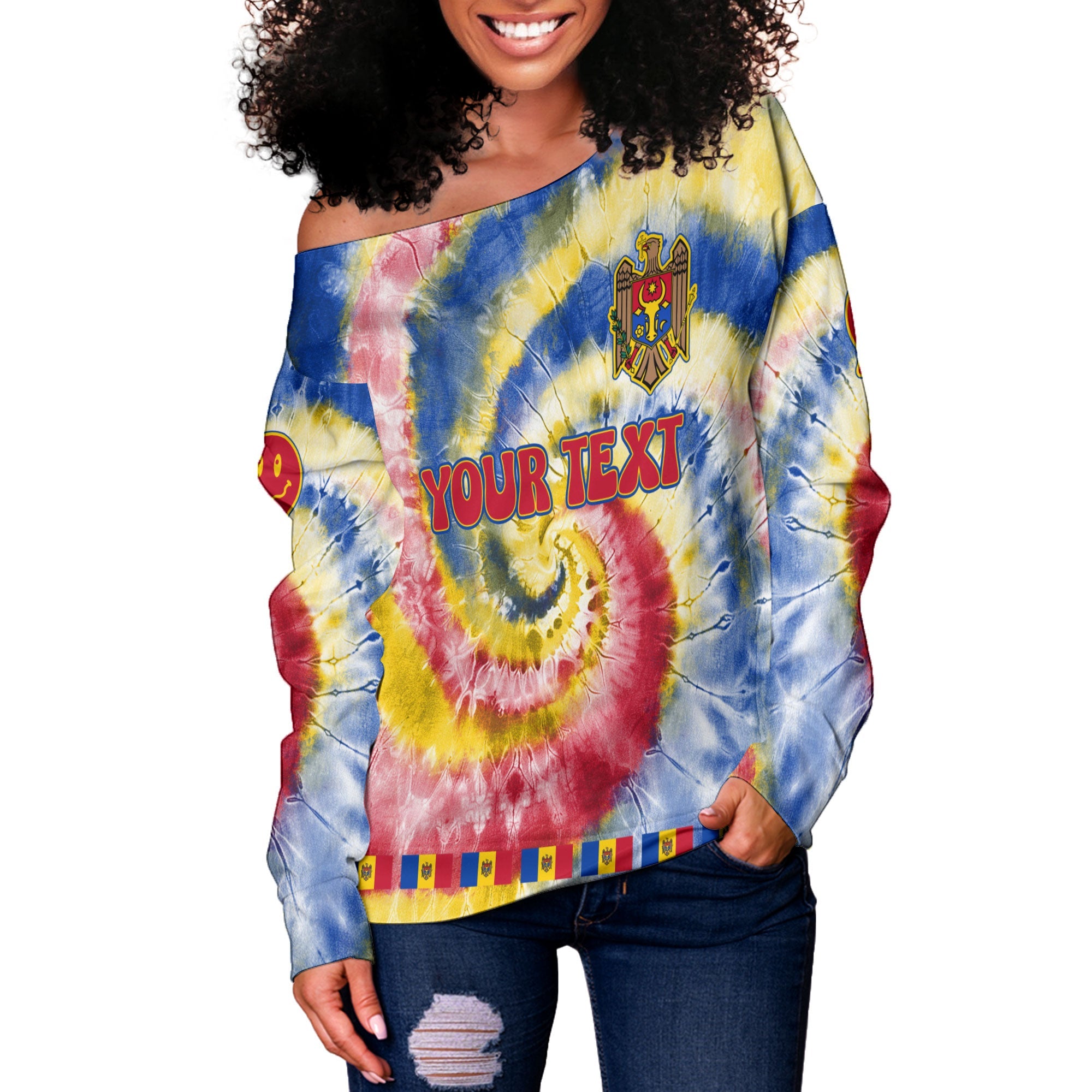 Moldova Women Off Shoulder Sweatshirt Custom Tie Dye Style 3