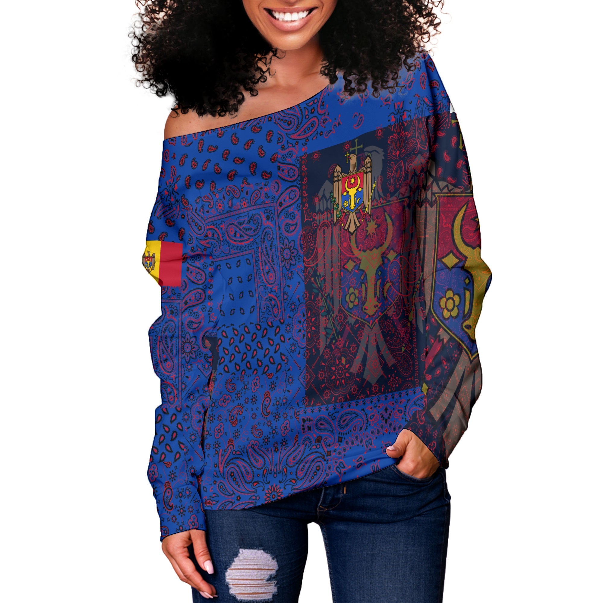 Moldova Women Off Shoulder Sweatshirt Paisley Flag And Skull Style 2