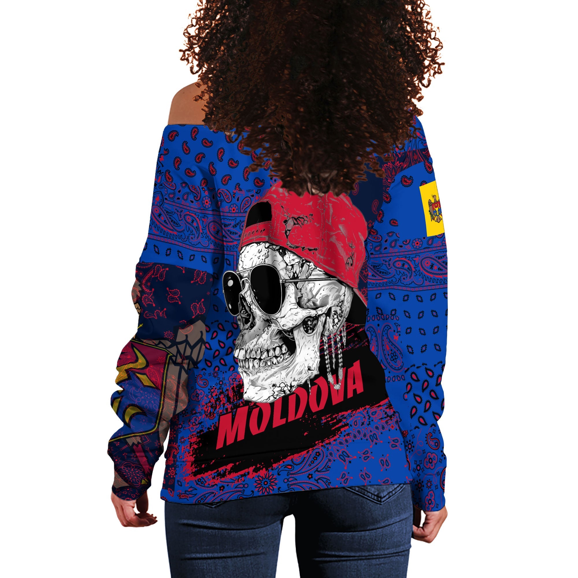 Moldova Women Off Shoulder Sweatshirt Paisley Flag And Skull Style 3