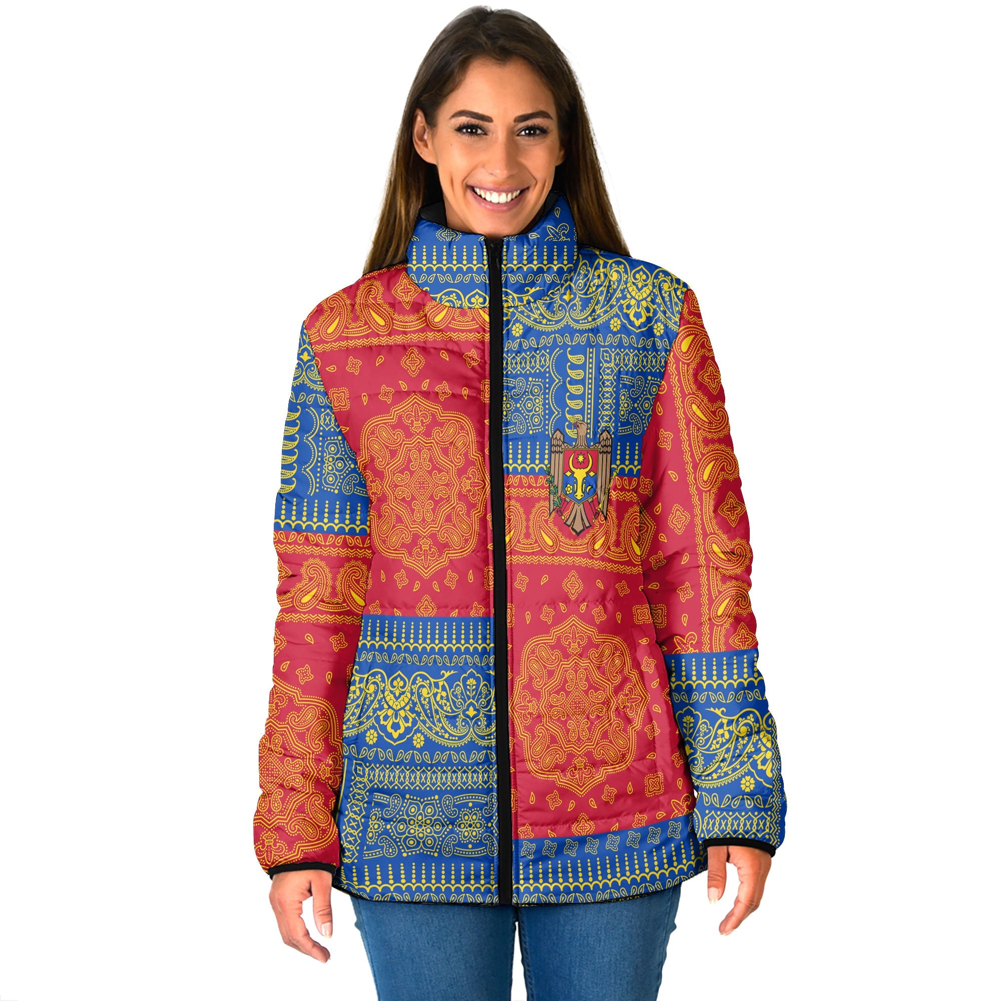 Moldova Women Padded Jacket Flag And Paisley Basic Style 1