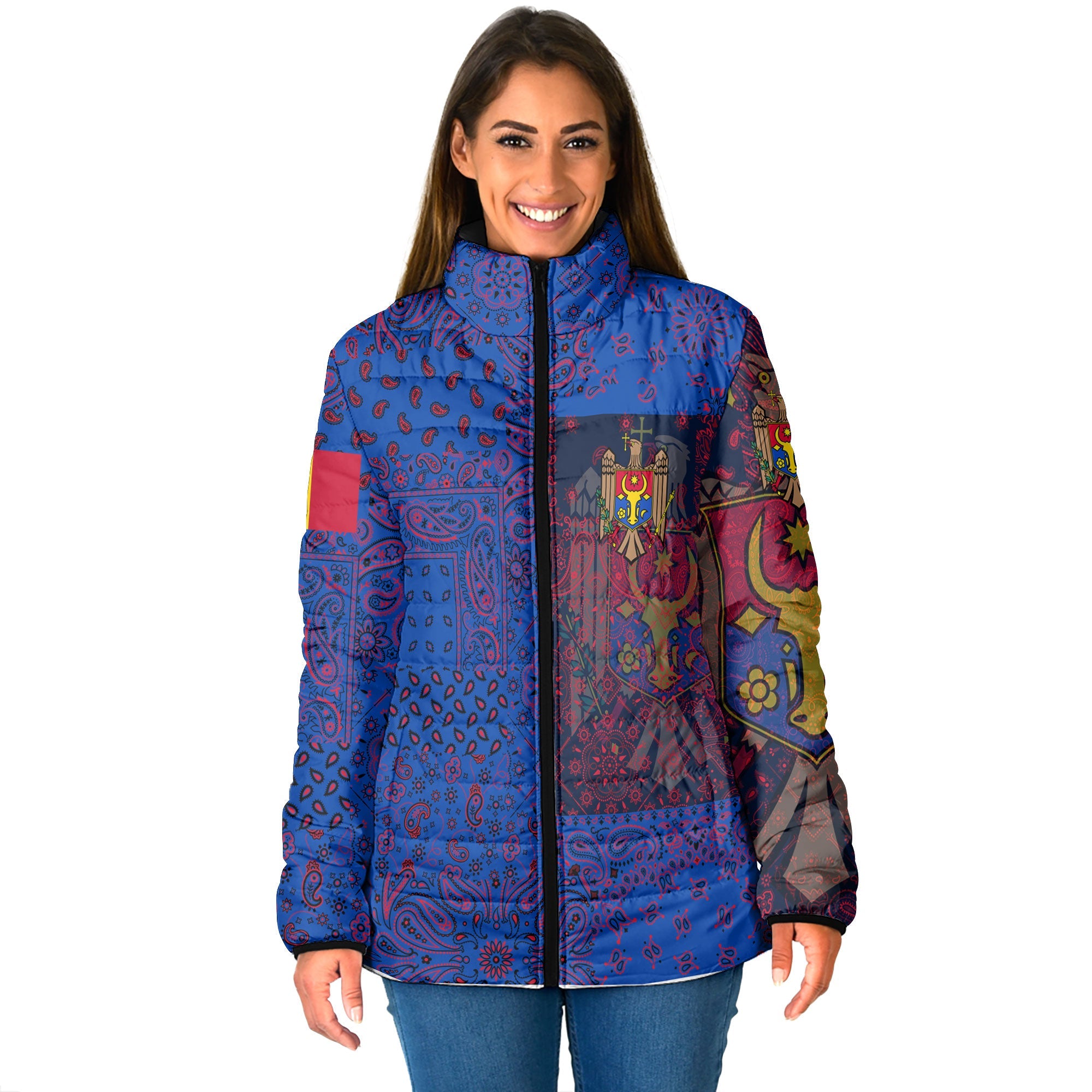 Moldova Women Padded Jacket Paisley Flag And Skull Style 1