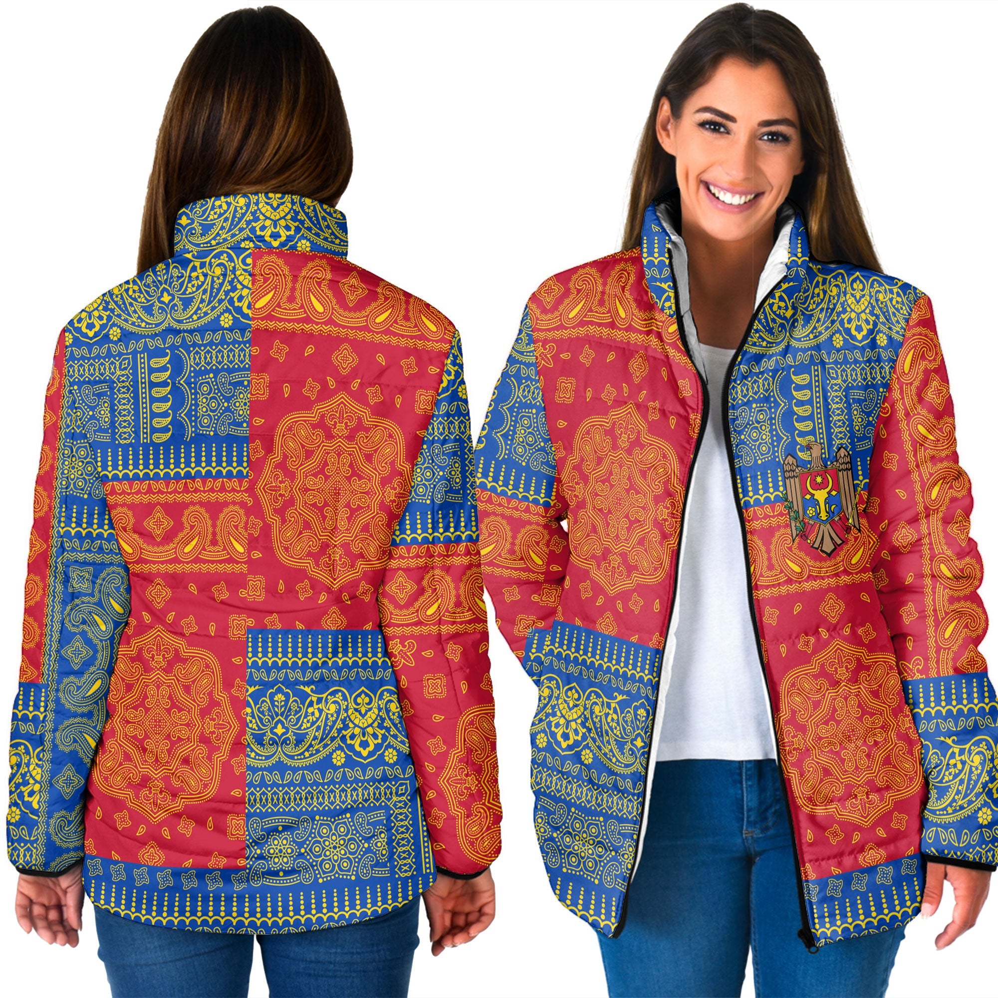 Moldova Women Padded Jacket Flag And Paisley Basic Style 3