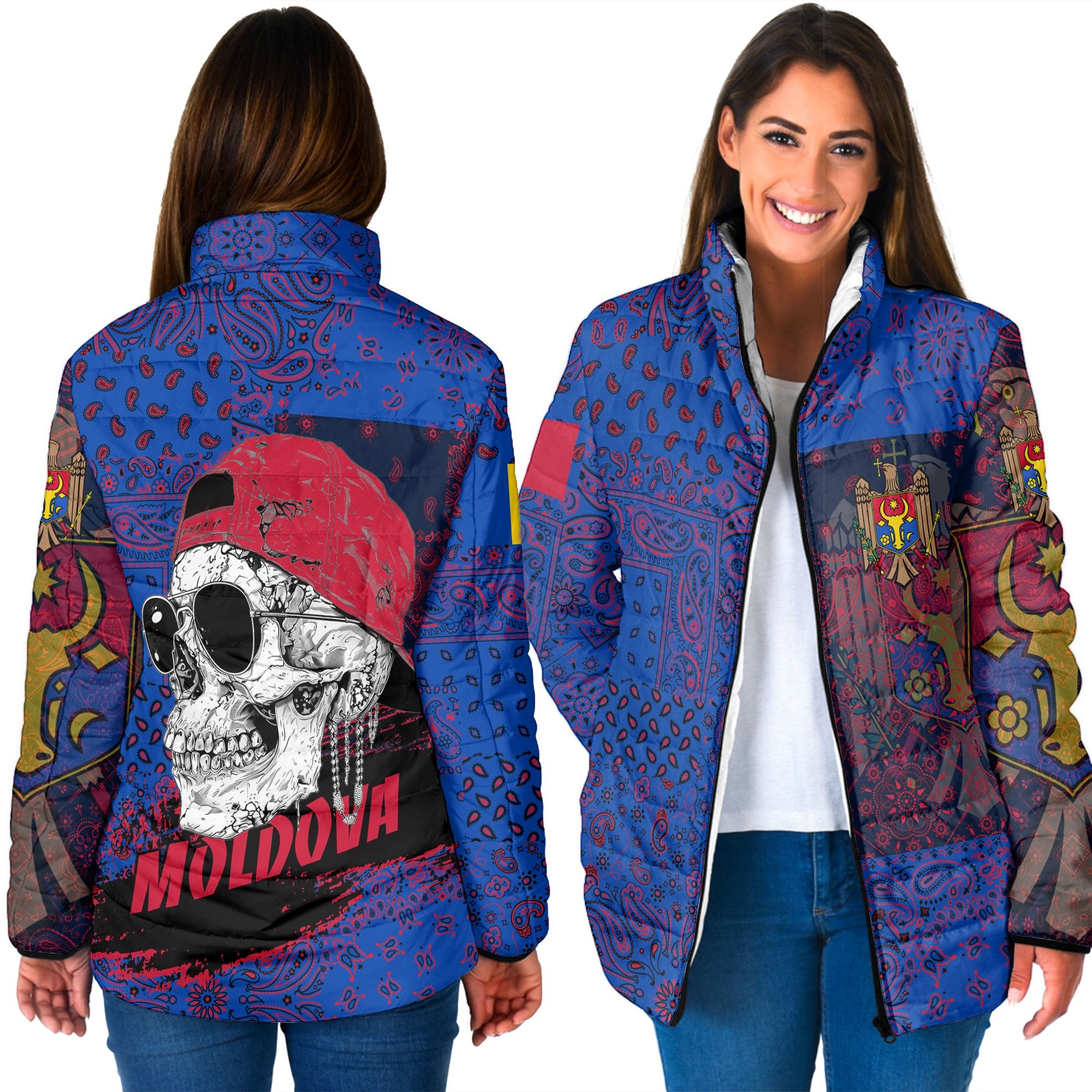 Moldova Women Padded Jacket Paisley Flag And Skull Style 3