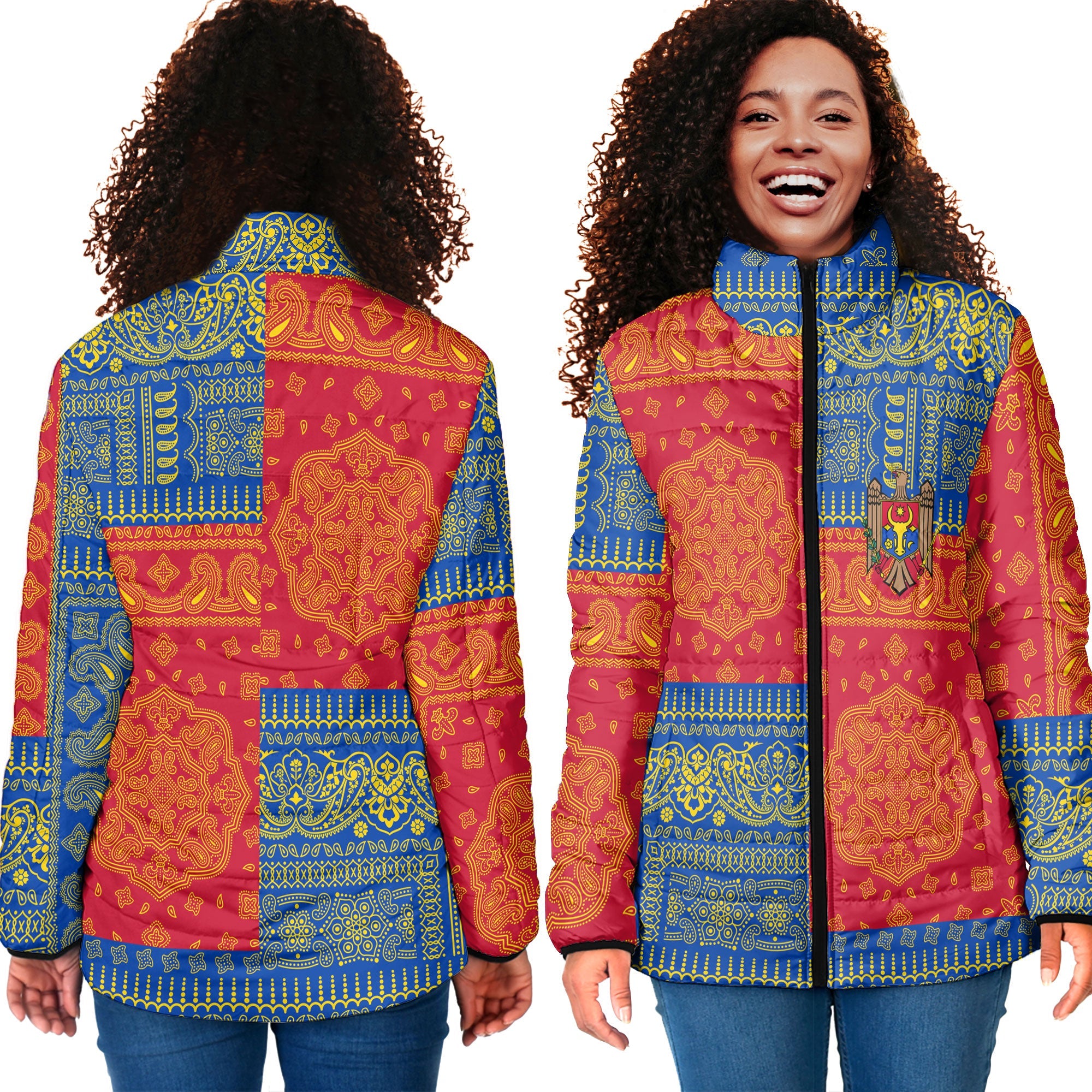 Moldova Women Padded Jacket Flag And Paisley Basic Style 4