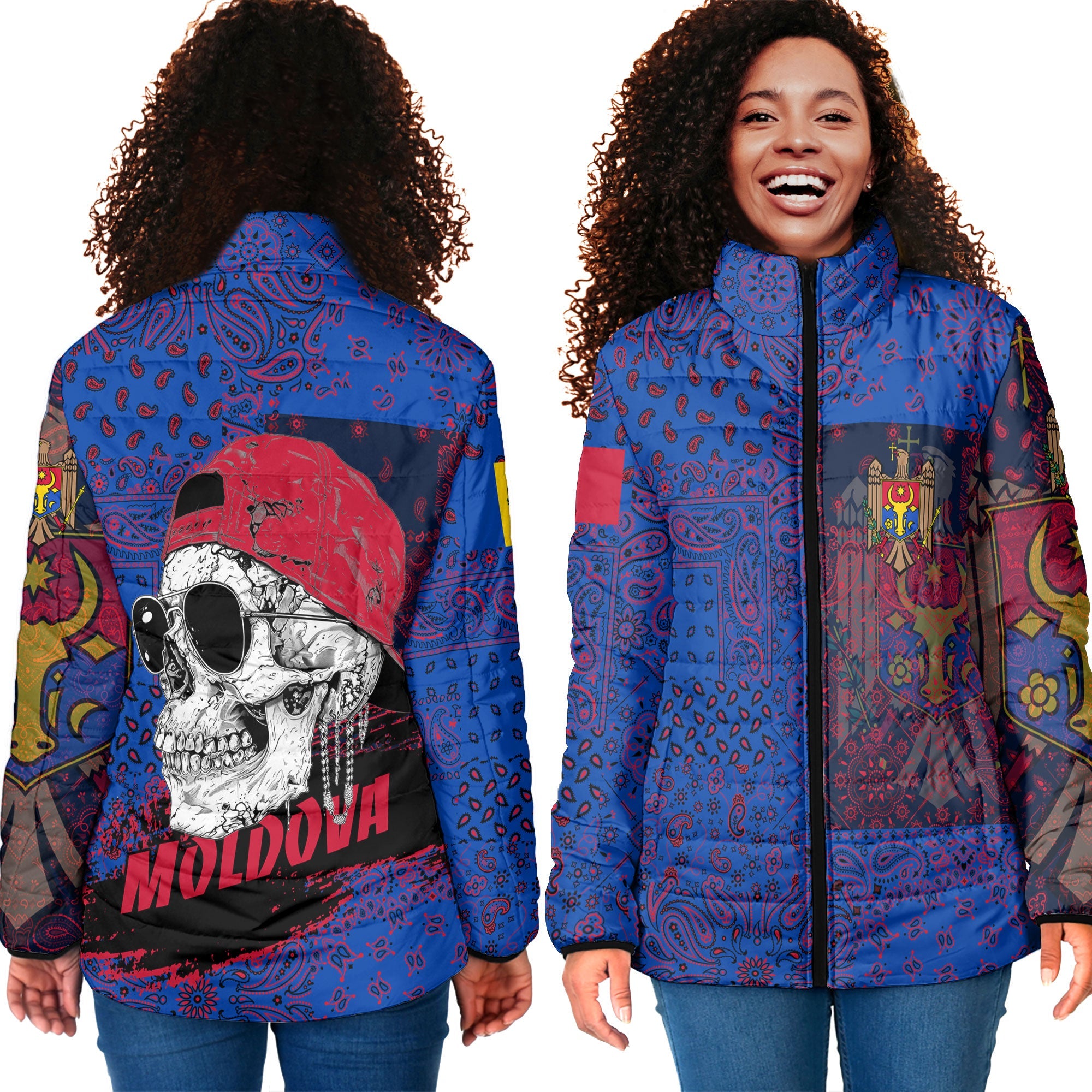 Moldova Women Padded Jacket Paisley Flag And Skull Style 4