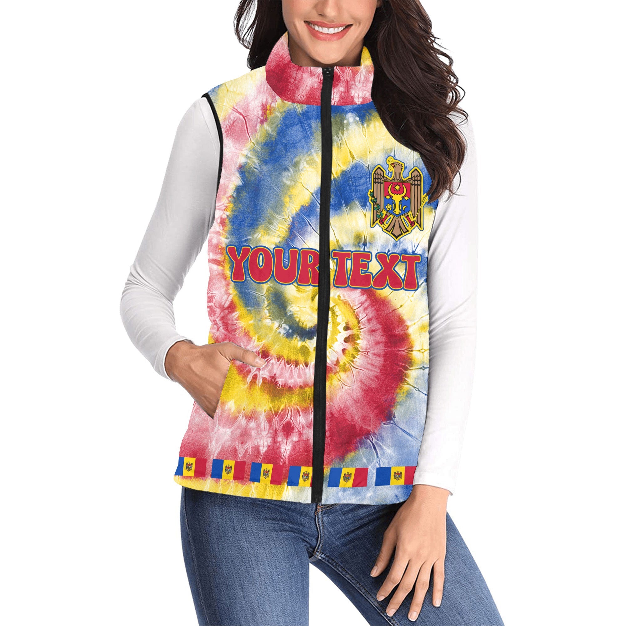 Moldova Women Padded Jacket Vest Custom Tie Dye Style 1