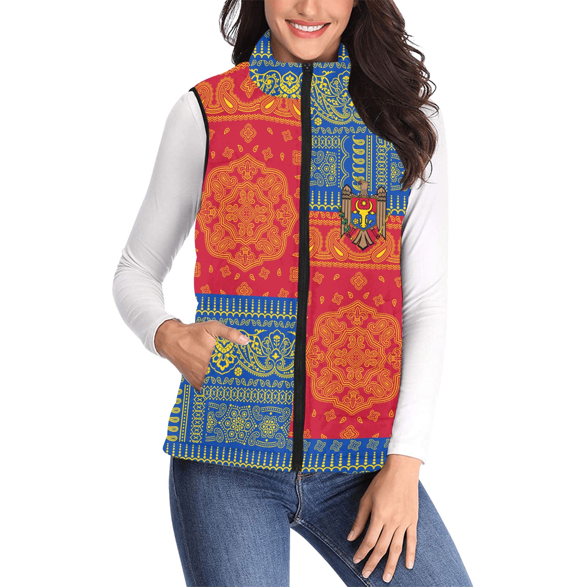 Moldova Women Padded Jacket Vest Flag And Paisley Basic Style 1