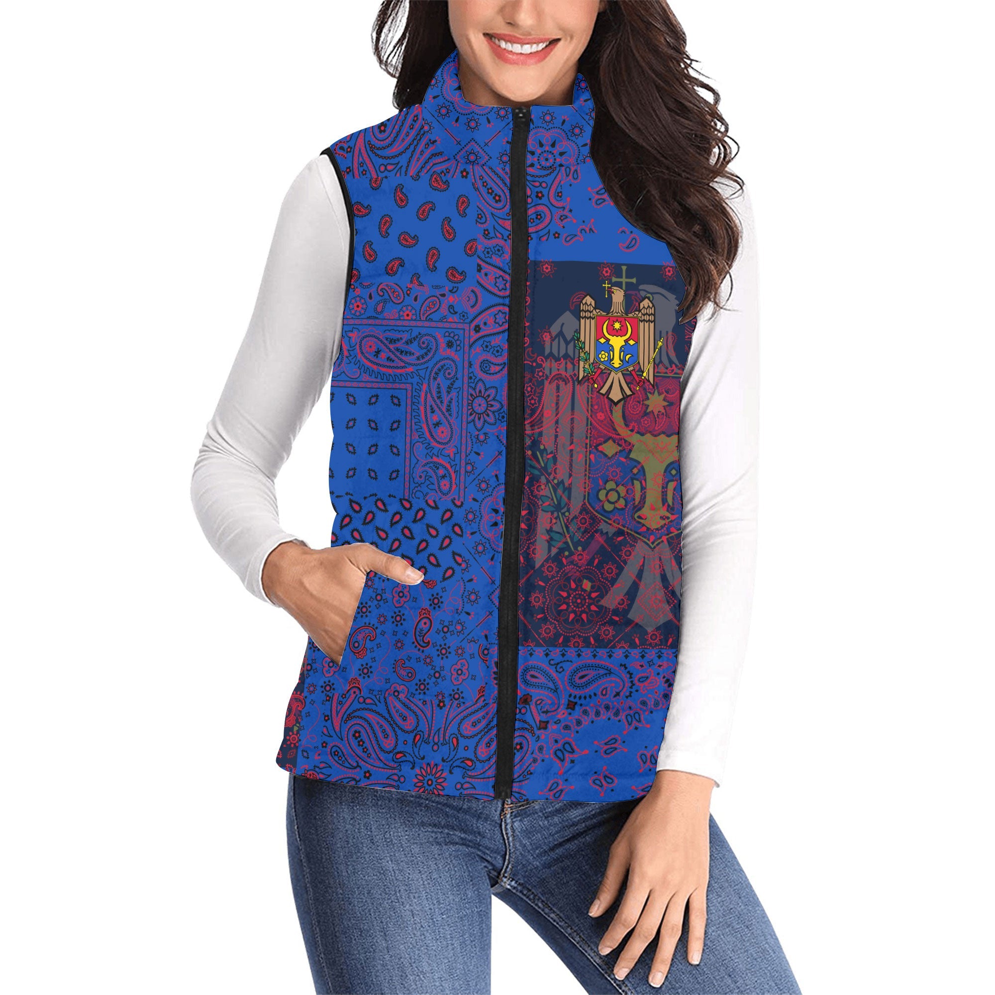 Moldova Women Padded Jacket Vest Paisley Flag And Skull Style 1