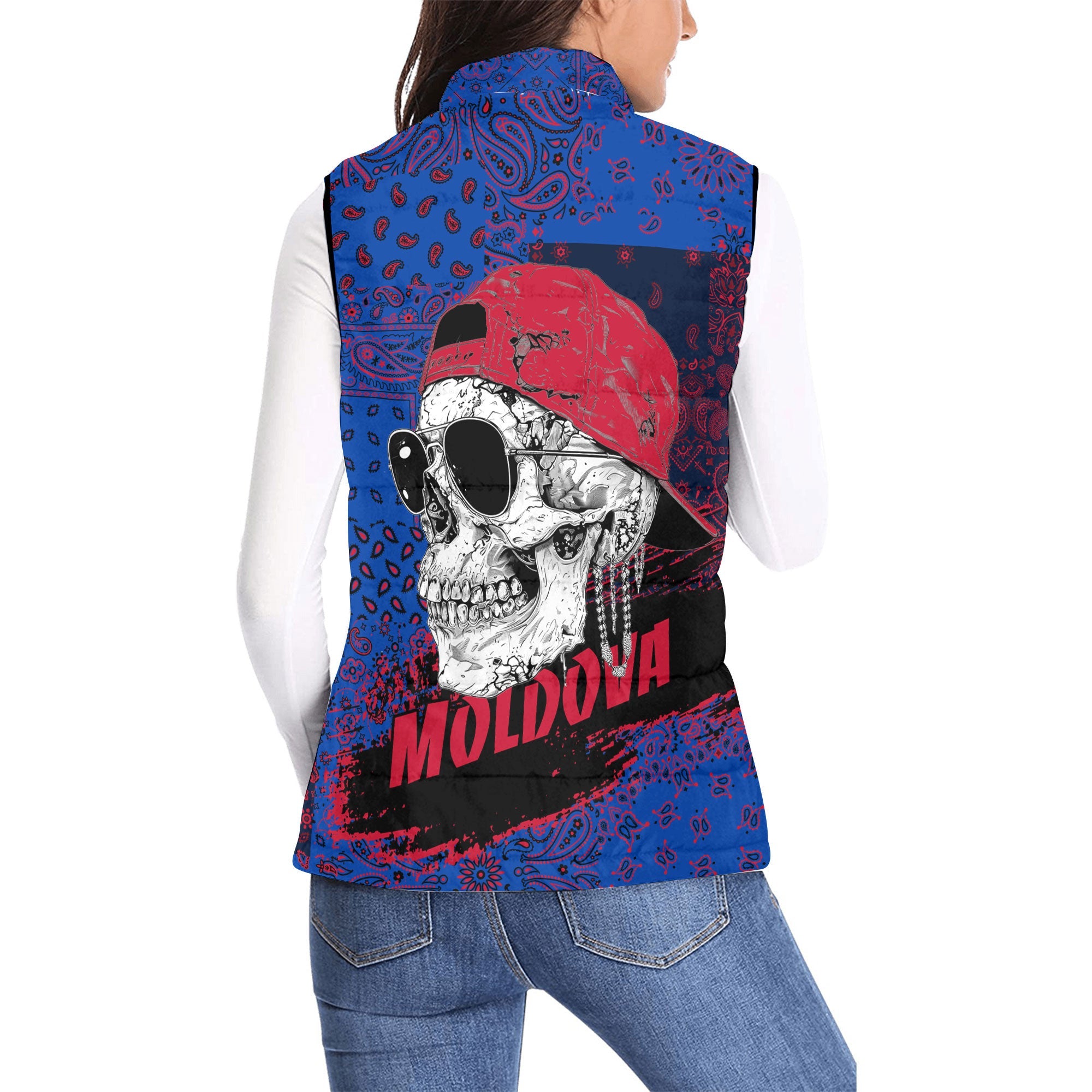 Moldova Women Padded Jacket Vest Paisley Flag And Skull Style 2