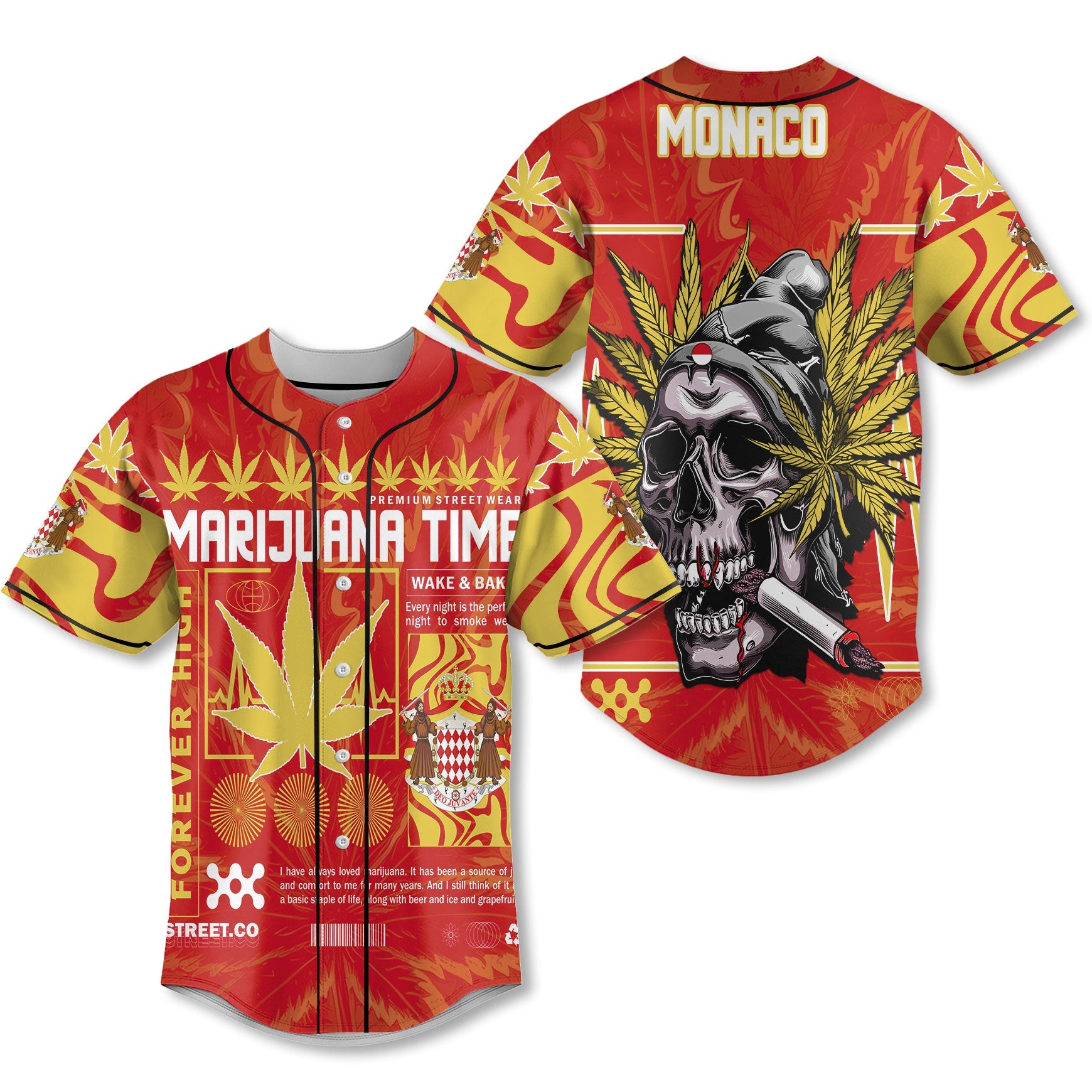 Monaco Baseball Jersey Flag & Coat Of Arms Marijuanas Style