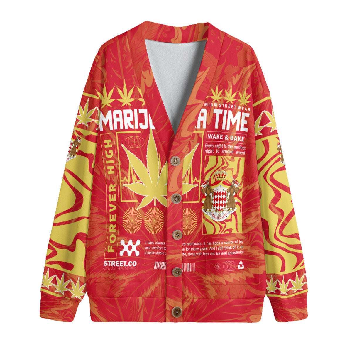 Monaco Fleece Cardigan Flag & Coat Of Arms Marijuanas Style