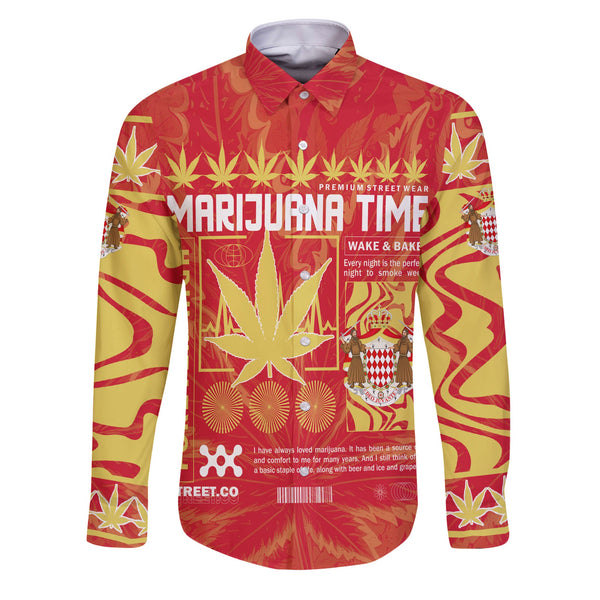 Monaco Long Sleeve Button Shirt Flag & Coat Of Arms Marijuanas Style