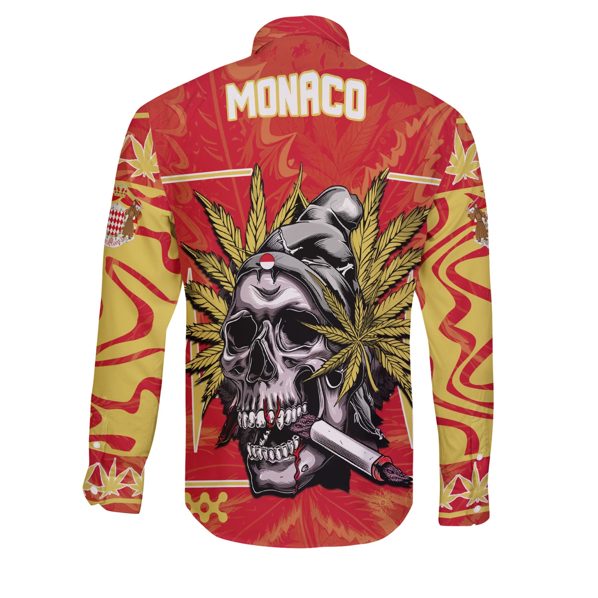 Monaco Long Sleeve Button Shirt Flag & Coat Of Arms Marijuanas Style