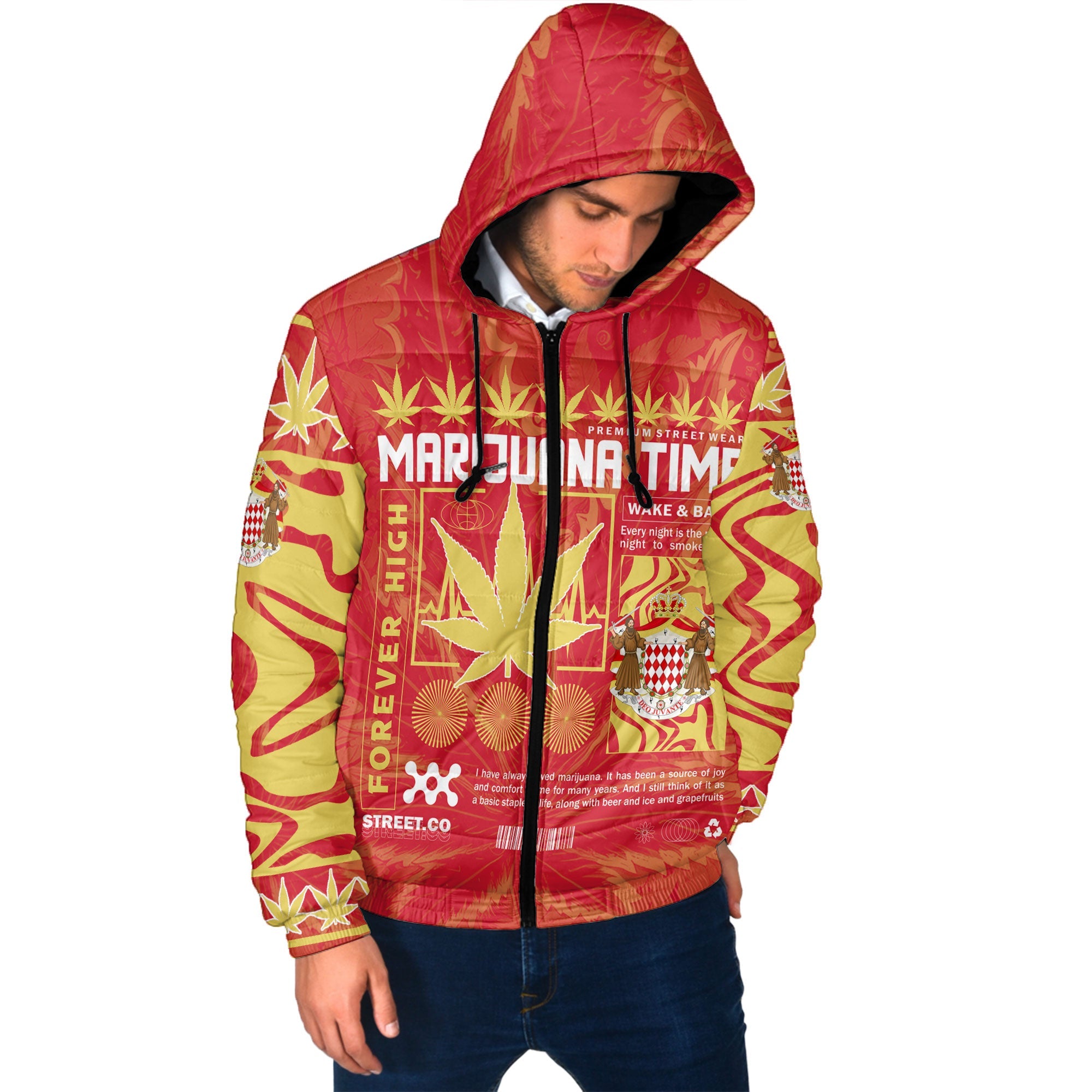 Monaco Men Hooded Padded Jacket Flag & Coat Of Arms Marijuanas Style