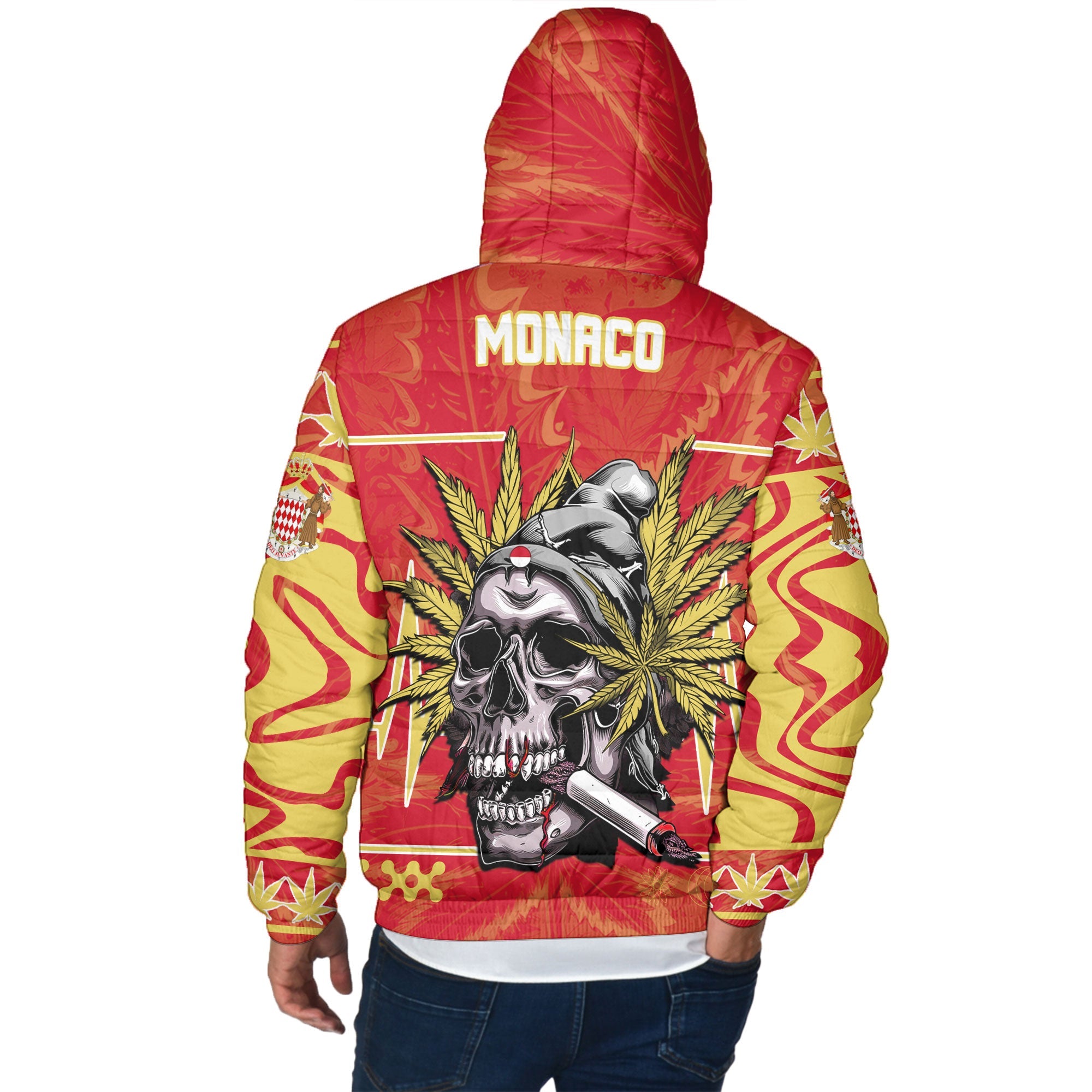 Monaco Men Hooded Padded Jacket Flag & Coat Of Arms Marijuanas Style