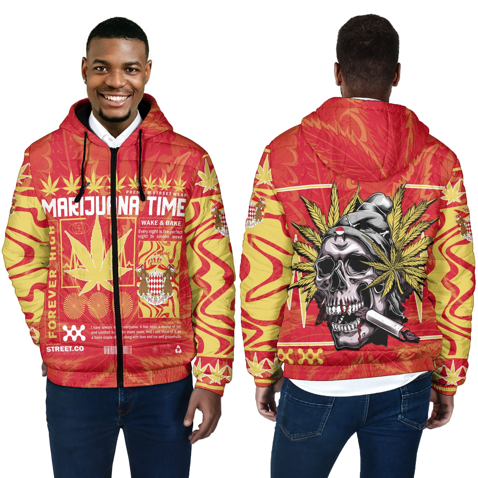 Monaco Men Hooded Padded Jacket Flag & Coat Of Arms Marijuanas Style