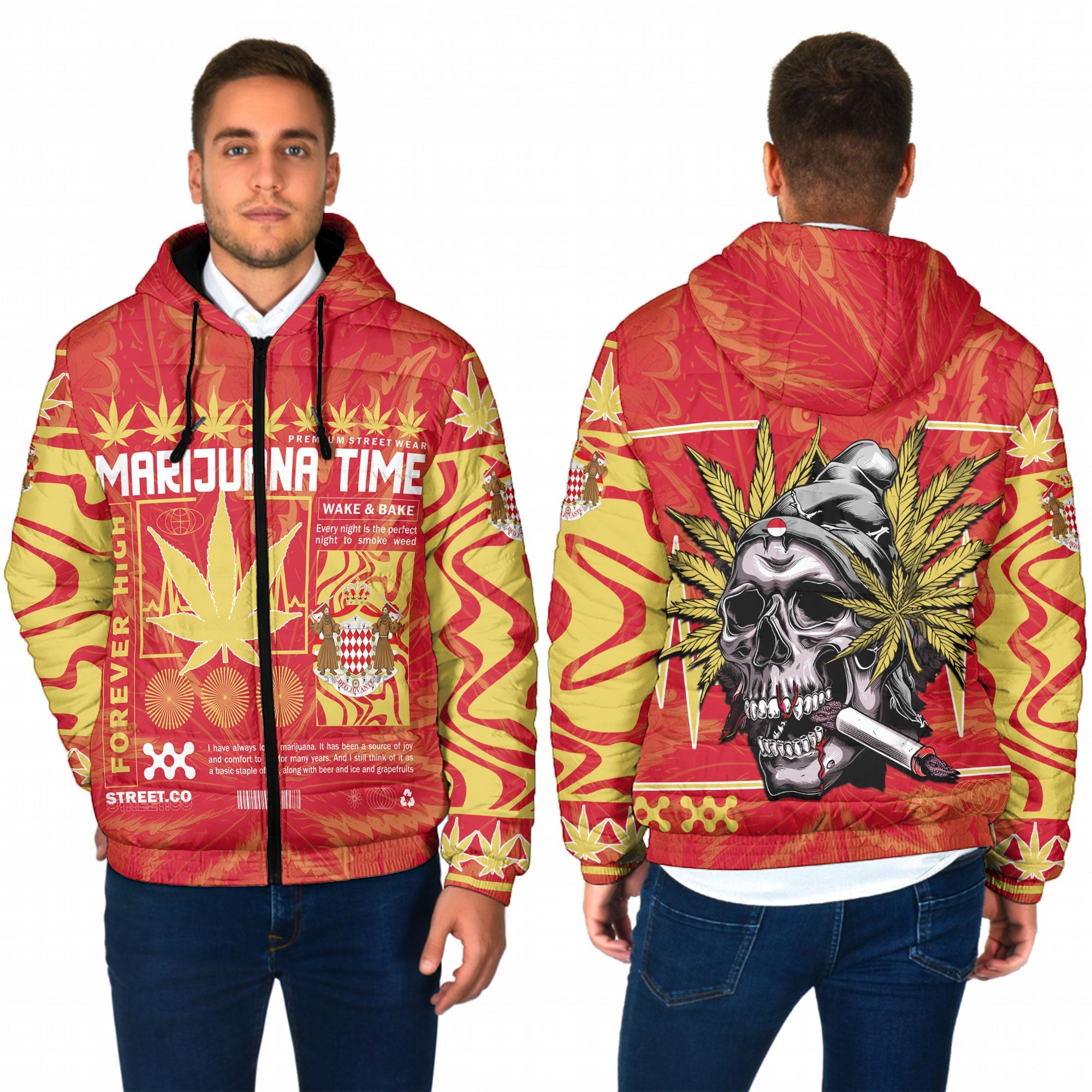 Monaco Men Hooded Padded Jacket Flag & Coat Of Arms Marijuanas Style