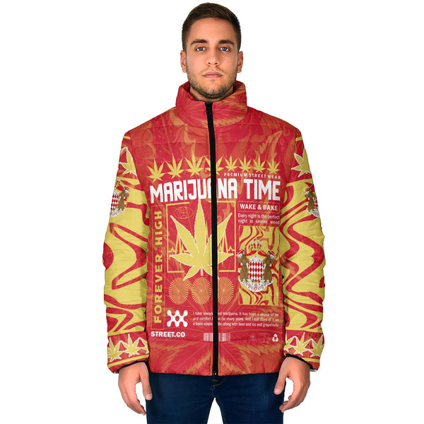 Monaco Men Padded Jacket Flag & Coat Of Arms Marijuanas Style