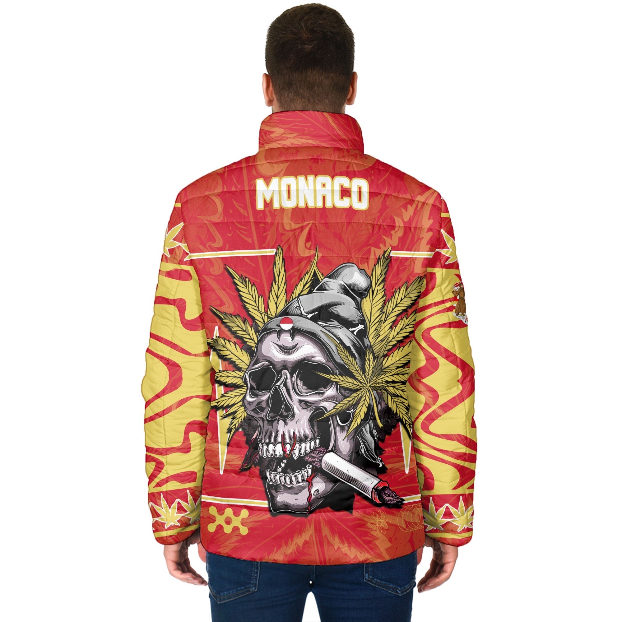 Monaco Men Padded Jacket Flag & Coat Of Arms Marijuanas Style