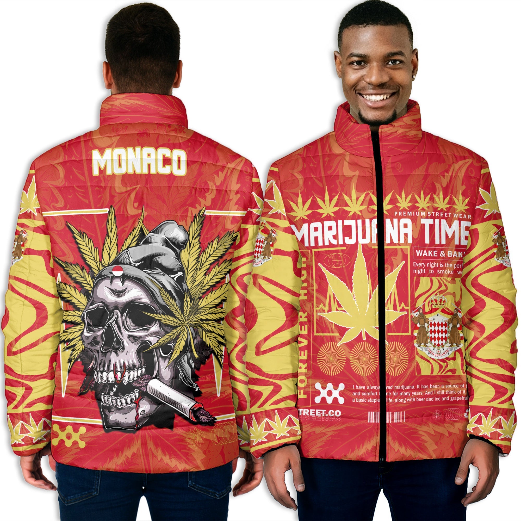 Monaco Men Padded Jacket Flag & Coat Of Arms Marijuanas Style