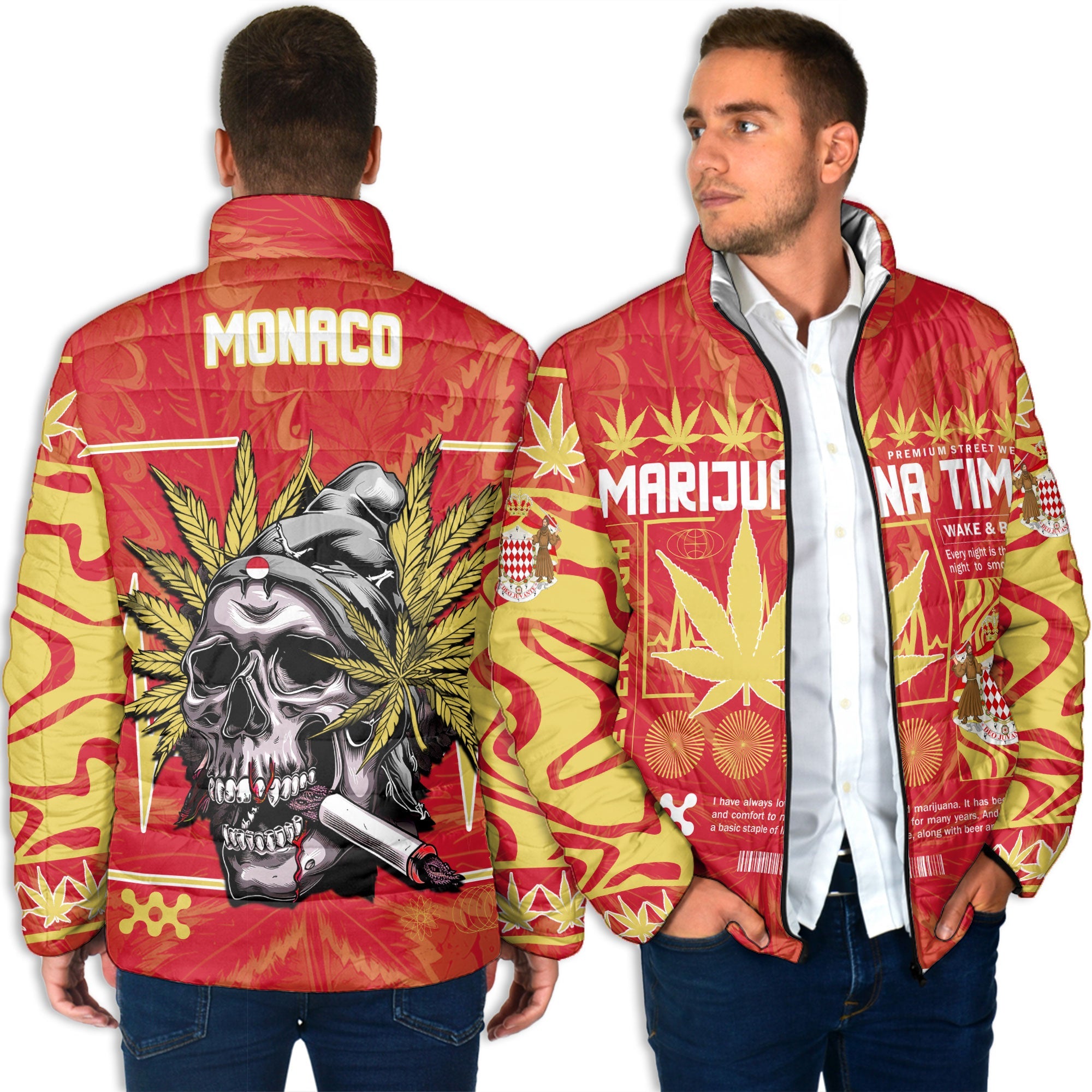 Monaco Men Padded Jacket Flag & Coat Of Arms Marijuanas Style