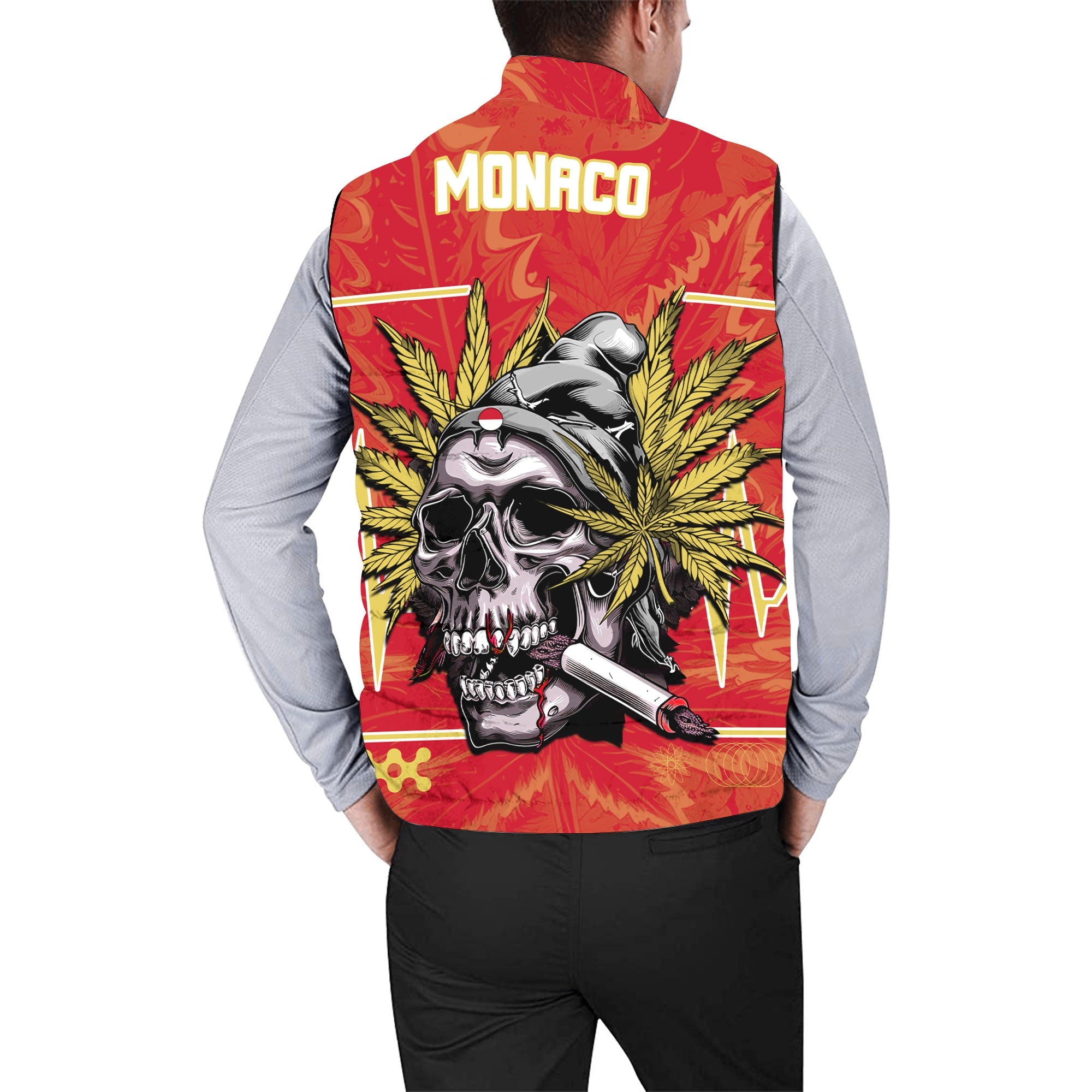 Monaco Men Padded Jacket Vest Flag & Coat Of Arms Marijuanas Style