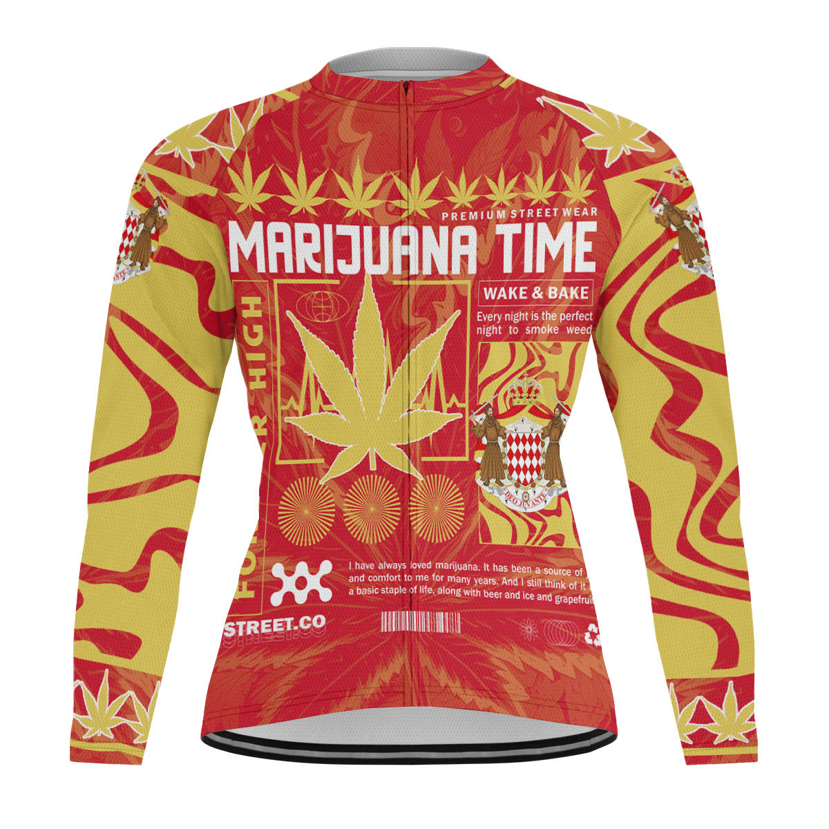 Monaco Men's Cycling Jersey Long Sleeve Flag & Coat Of Arms Marijuanas Style