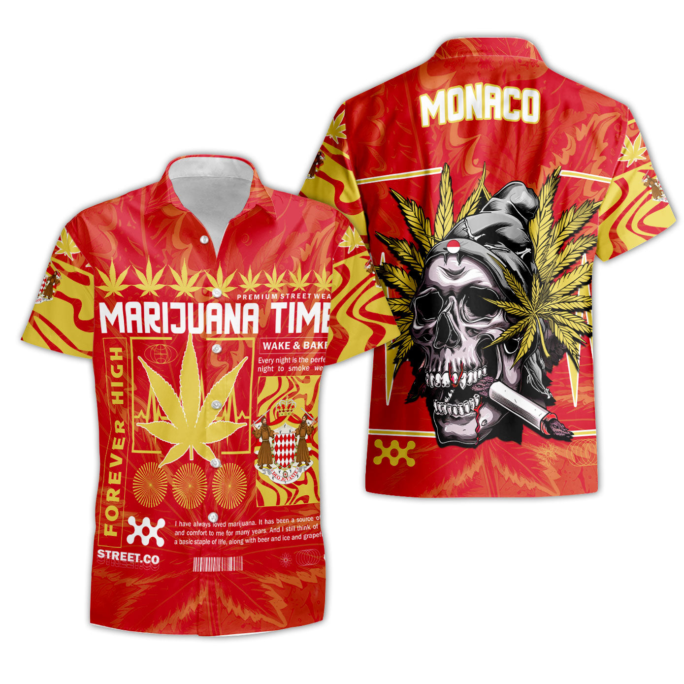 Monaco Short Sleeve Shirt Flag & Coat Of Arms Marijuanas Style