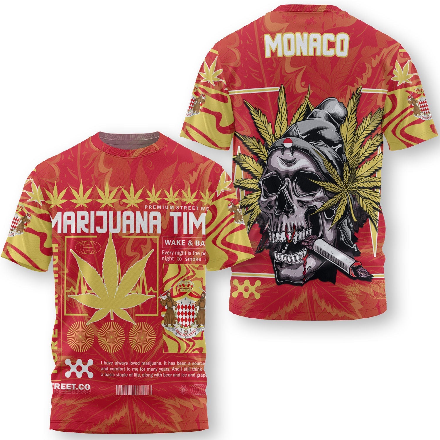 Monaco T Shirt Flag & Coat Of Arms Marijuanas Style