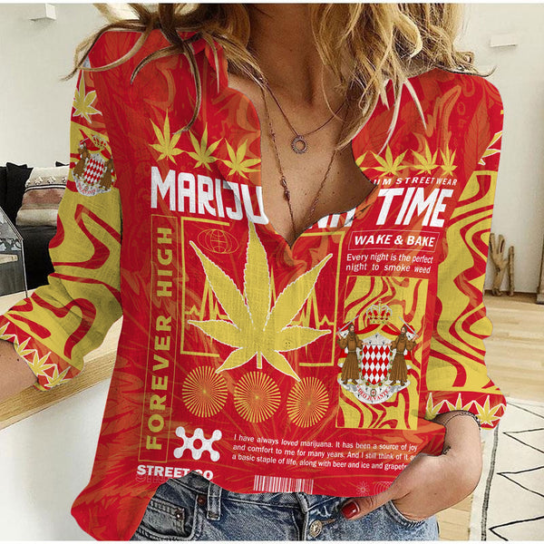 Monaco Women Casual Shirt Flag & Coat Of Arms Marijuanas Style