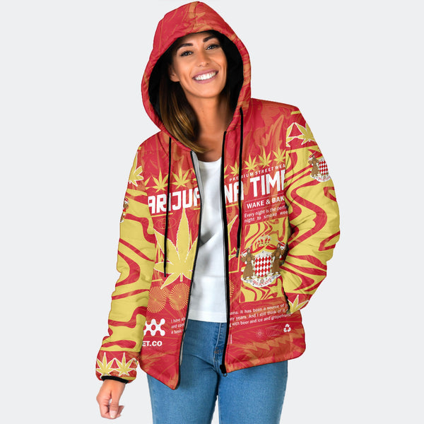 Monaco Women Hooded Padded Jacket Flag & Coat Of Arms Marijuanas Style